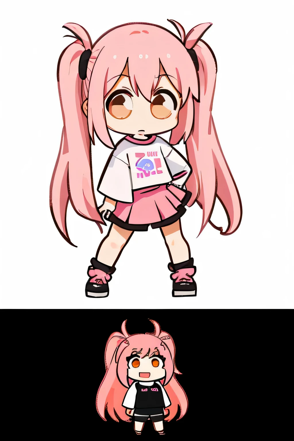 1 girl， with brown eyes， double tail， Pink long hair， pink hair，twin tails, White-eye， eyelash， looking at the viewer， twitch remote， white background， T-shirt， Chibi， expressive， towards the audience， （：3：1.0），Surprised，surprise,full body figure,Camera pull