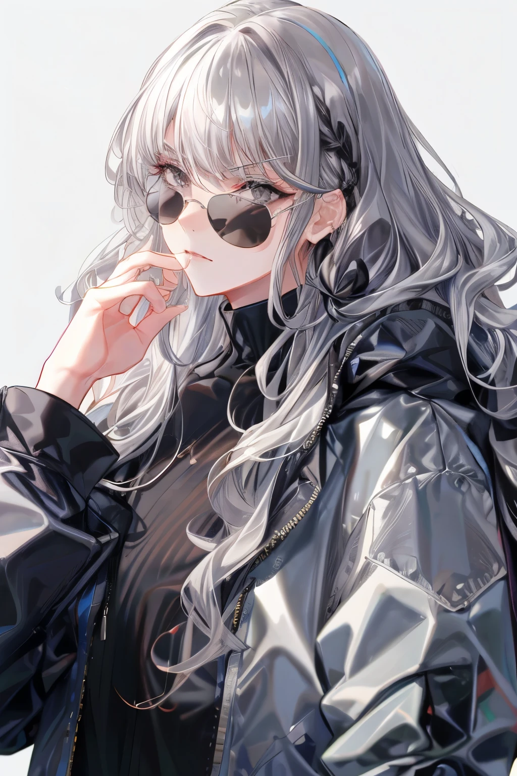 Drag sister，grey hair，ENTJ，sunglasses，Shoulder-length hair，((Wavy Hair))，(haven't bangs)，Serious