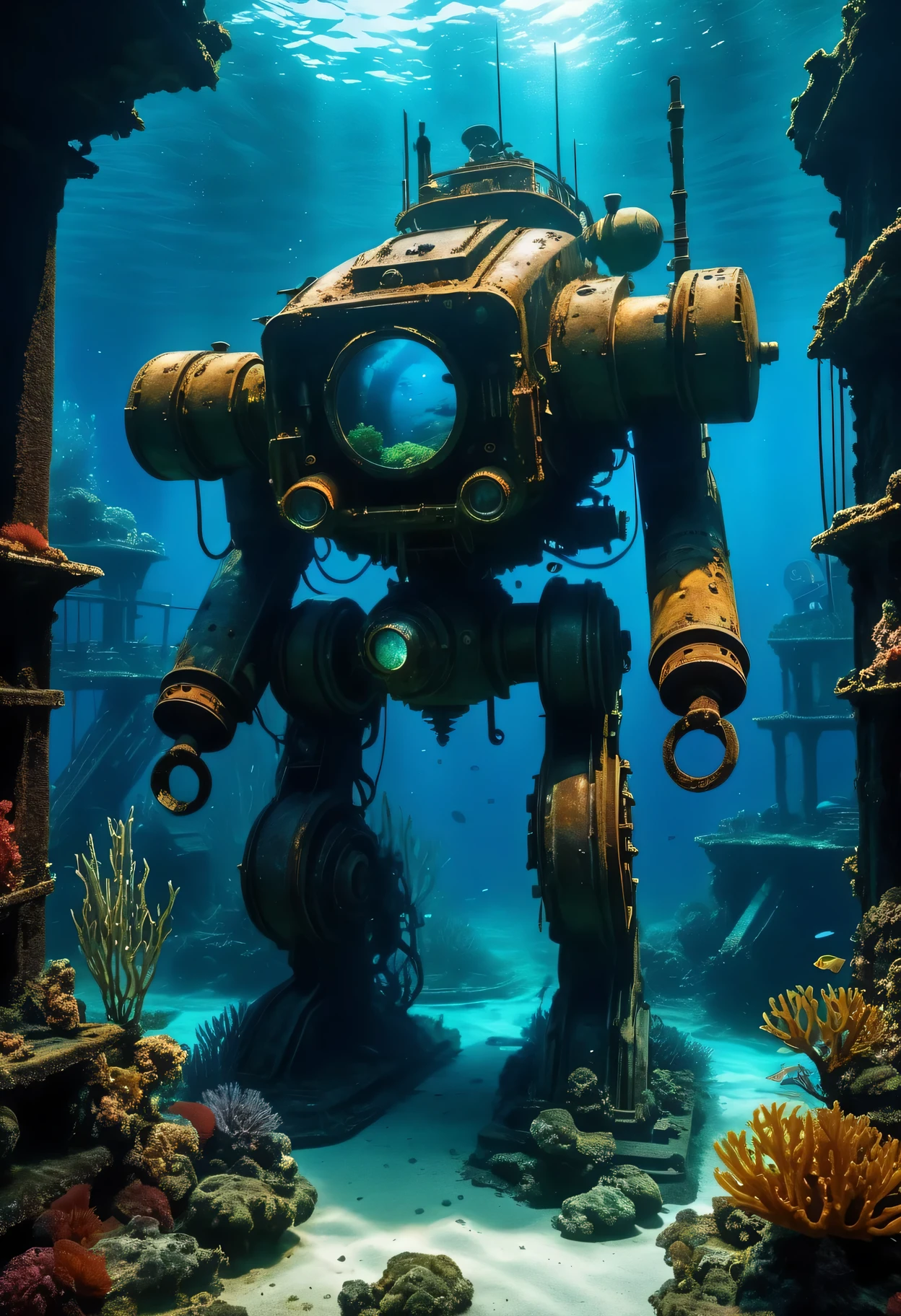 (best quality,4k,high resolution,masterpiece:1.2),underwater,Abandoned mech,A post-apocalyptic landscape,Dark and eerie atmosphere,Rusty metallic texture,Bioluminescent marine life,glowing eyes,crumbling ruins,The sunken city,depth and breadth,Submerged plants and corals,reflection of light,mysterious underwater world,unforgettably beautiful,lost technology,ominous presence,underwater exploration,desolate and forgotten,underwater腐烂,lack of human presence,rotten machinery,corroded surface,underwater,Memories of the past fade away,dark abyss, in the depths,creepy ambiance.