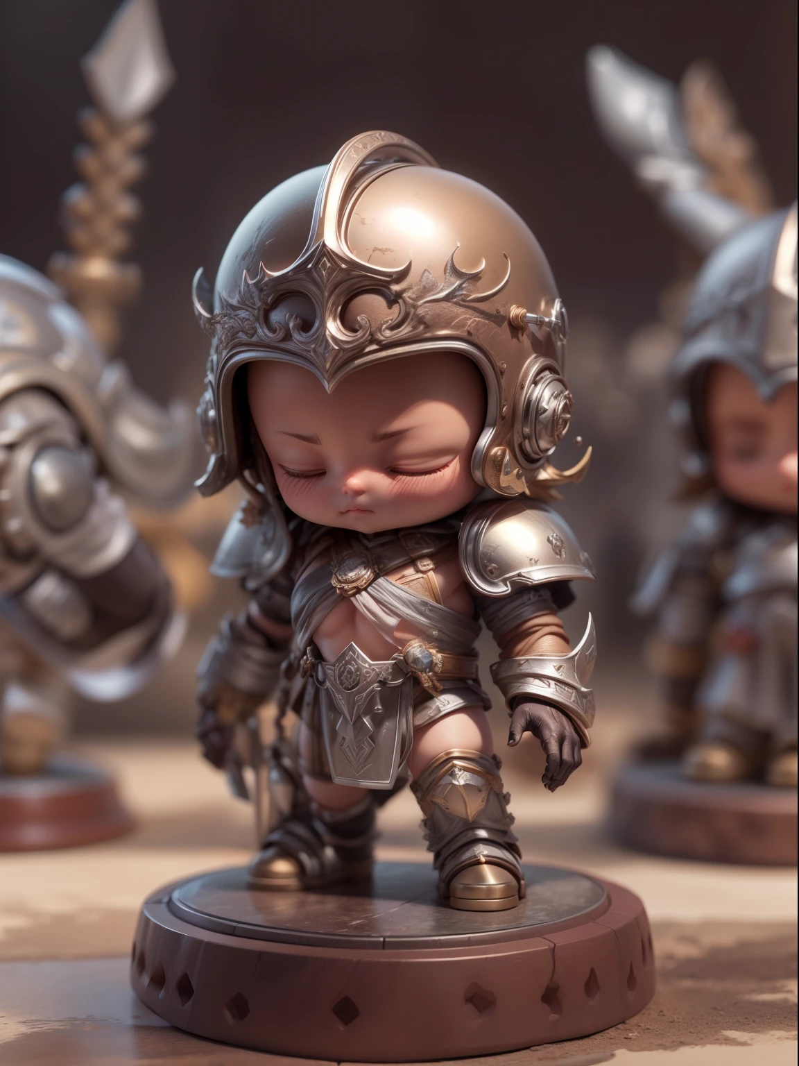 (Blind box toy style:1.2), (full-body shot) , 1 cute metal barbarian ,anatomically correct,Opaque helmet:1.2,dirty armor:1.3, alone,(round base:1.2),brown and silver color scheme,dreamy light, Clean, Brown undertone, combat damage pattern:1.2, ( Clean background,global illumination, Ray tracing, high dynamic range, Unreal rendering,Reasonable design, high detail, masterpiece, best quality, Ultra high quality, light)