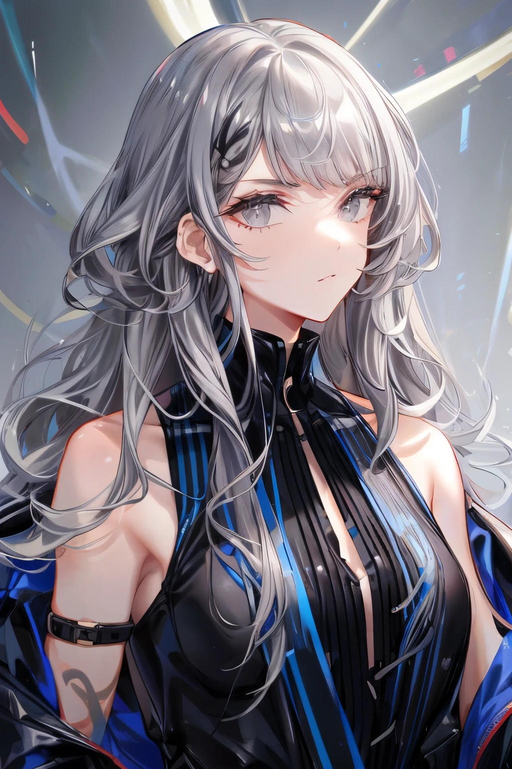 Drag sister,grey hair,ENTJ,Shoulder-length hair,((Wavy Hair)),(haven't bangs),Serious