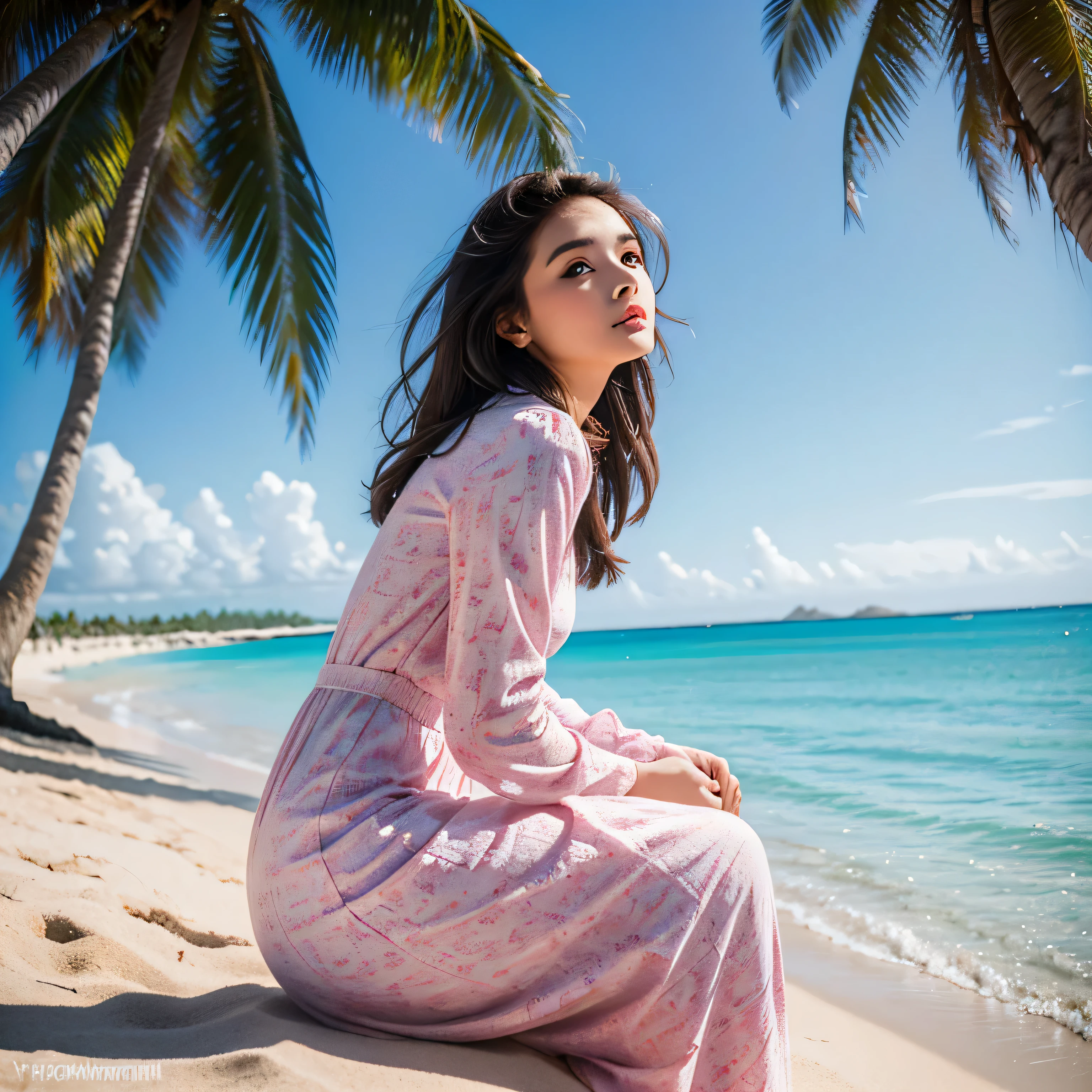 Beauty Photography , natural , young , Early 20s woman , outdoor , sitting in the middle White sand beach, side view , beautiful blue waves, creating an beauty atmosphere , wind blowing effect, beautiful expression , wearing closed long sleeve and skirt dress , graceful pose , White sand beach, beautiful blue waves , coconut trees , shell, blue sky , wearing soft pink patterned closed long sleeve dress, and long skirt dress, wind blow , photographed using an Canon eos 90d DSLR camera with 18-135mm lens , detail skin texture , detailed face , close up , low exposure , High Dynamic Range (HDR) shot