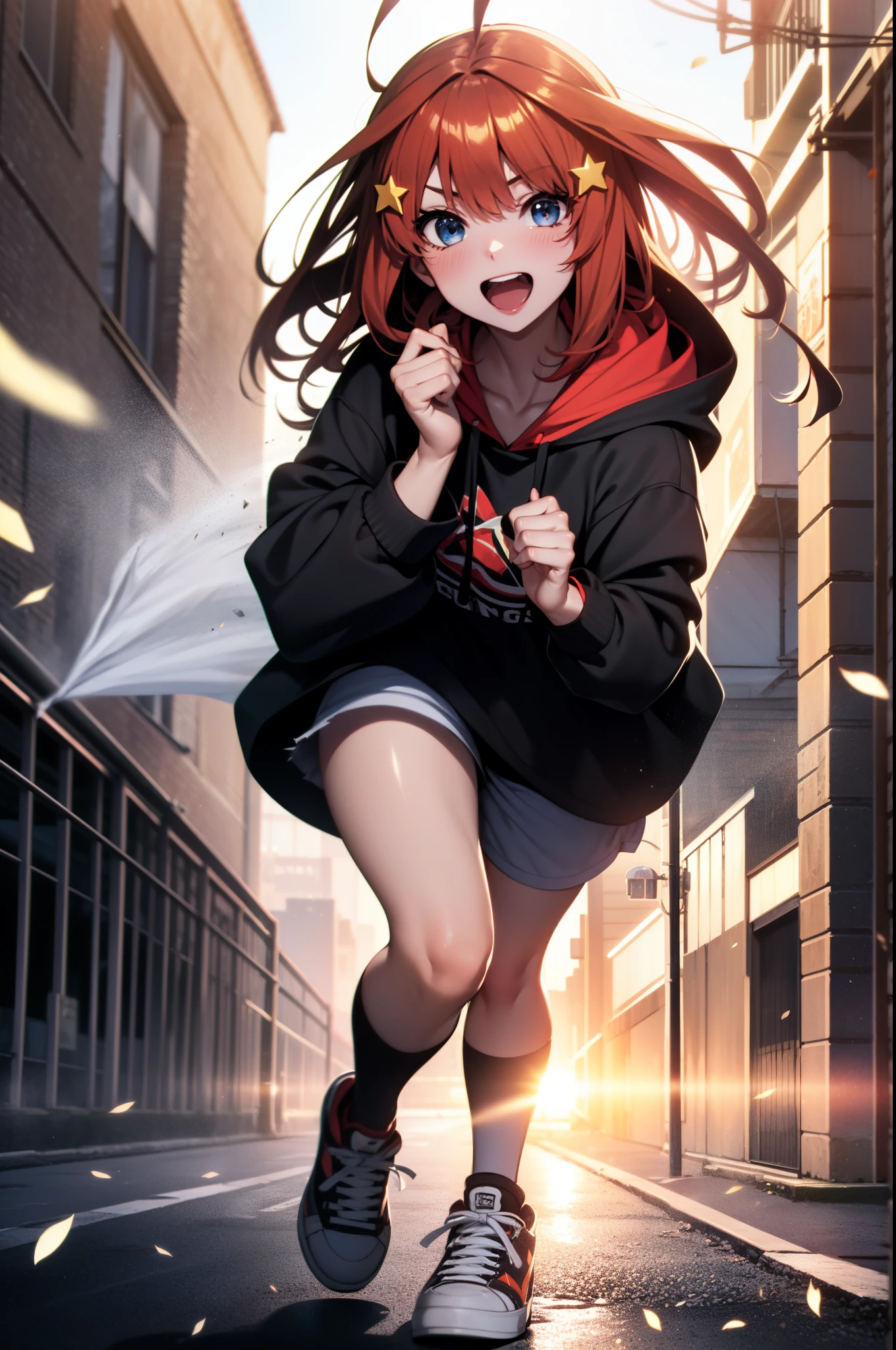itsukinakano, Itsuki Nakano, bangs, Ahoge, redhead, star \(symbol\), both sides closed,hair ornaments, star hair ornaments,smile,blush,wearing a hood,red oversized hoodie,shorts,white knee high socks,high cut sneakers,(great laugh:1.1), (open your mouth:1.1), glare of the sun, Bokeh, Depth of the bounds written, blurred background, particles of light, strong wind, (heart particles:1.1)
break outdoors, In town,Destroy the building area (masterpiece:1.2), highest quality, High resolution, unity 8k wallpaper, (figure:0.8), highly detailed face, perfect lighting, Very detailed CG, (perfect hands, perfect anatomy),