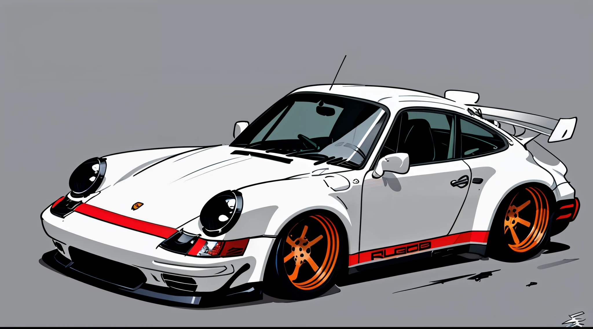 Porsche 911 rwb, wide body, sketch,
cartoonish, comic strip, rendering, white wheels, bagged, slammed to the ground, empty parkinglot, style dessin manga, couleur