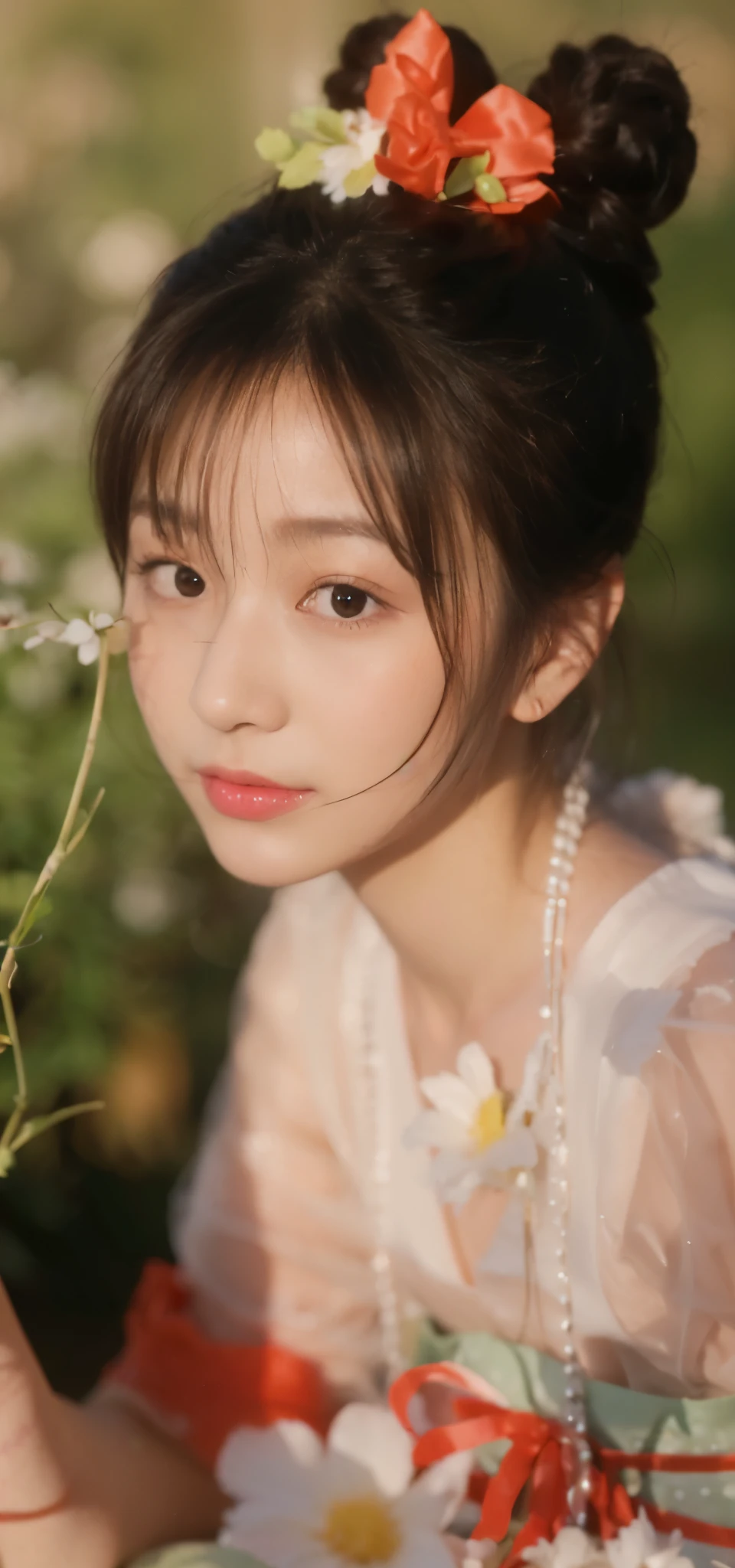 ((​Masterpiece, Top image quality, high resolution、alone、skin shiny))(on the table, best quality, actual, super detailed, meticulous, high resolution, 8k wallpaper),huge breasts， Close-up portrait of a beautiful woman, like, smiling, light brown messy hair, Perfect dynamic composition, 美丽meticulous的眼睛, Just like the cover of a fashion magazine, on campus，Gorgeous costumes，hot stamping clothing，One of them is wearing a pink tulle dress，long black hair、8-year-old girl wearing pink bow hairpin sitting on the ground holding balloons，The white buds do not exceed the knees，girl&#39;bedroom，pink girl&#39;Room decoration。