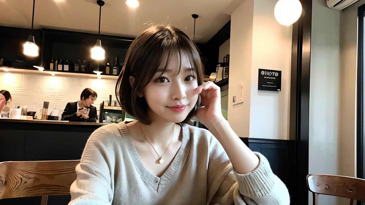 (最high quality、8k、32K、masterpiece:1.2)、A photo of a female college student who looks like a cute model、normal breasts、short bob hair、Upper body、face focus、extra large_sweater、necklace、look at the audience、background a trendy coffee shop with a unique aesthetic and atmosphere. Incorporate elements like modern furniture, artistic decoration, and ambient lighting to enhance the ambiance. People who enjoy drinks々Consider including, engaging in conversation, or quietly working on laptops. Let your creativity flow、In this chic café setting「stable diffusion」Let the idea come to life, I can see other customers enjoying themselves too..。At the back of the cafe、Staff are busy working at the counter.、Feel the vibrancy and warmth of a city cafe.., sharp focus, 1 girl, sexy 1.2, brown hair, With bangs, fine eyes, Beautiful eyes with long slits, double eyelid, (cat face), (cute Face), cute Smile, (close your mouth), (cute), soft skin, surreal, Super detailed, high quality, (Beautiful female college student with short hair studying in a cafe), ((詳細な非常にcute女子大生), 