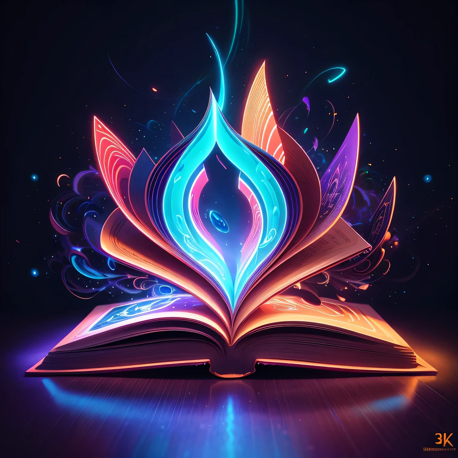 a close up of a book with a glowing design on it, open magic book glowing, magic book, 3d digital art 4k, fantasy book illustration, stylized neon, cinema 4 d art, in style of cyril rolando, neon art style, digital artwork 4 k, inspired by Cyril Rolando, neon glow concept art, fantasy book, stylized 3 d
