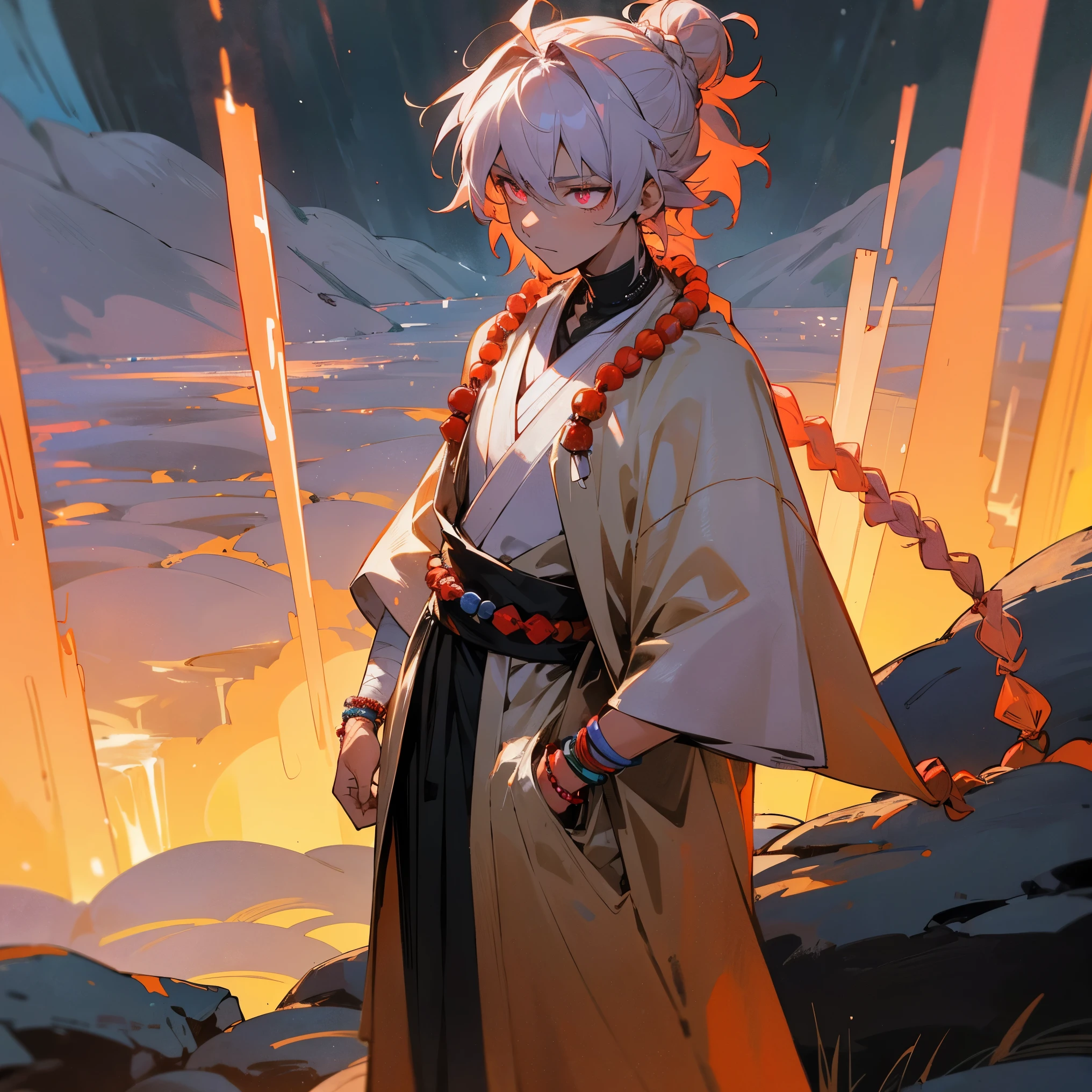 1male, young adult, tan skin, finely detailed glowing coral eyes, medium messy hair with braided man bun, pale lavender hair color, sith robe, poncho, bandages wrapped around arms, bandolier across chest, prayer bead necklace, prayer bead bracelet, standing with hands in pocket, standing on mountain trail, waterfall, night, somber expression