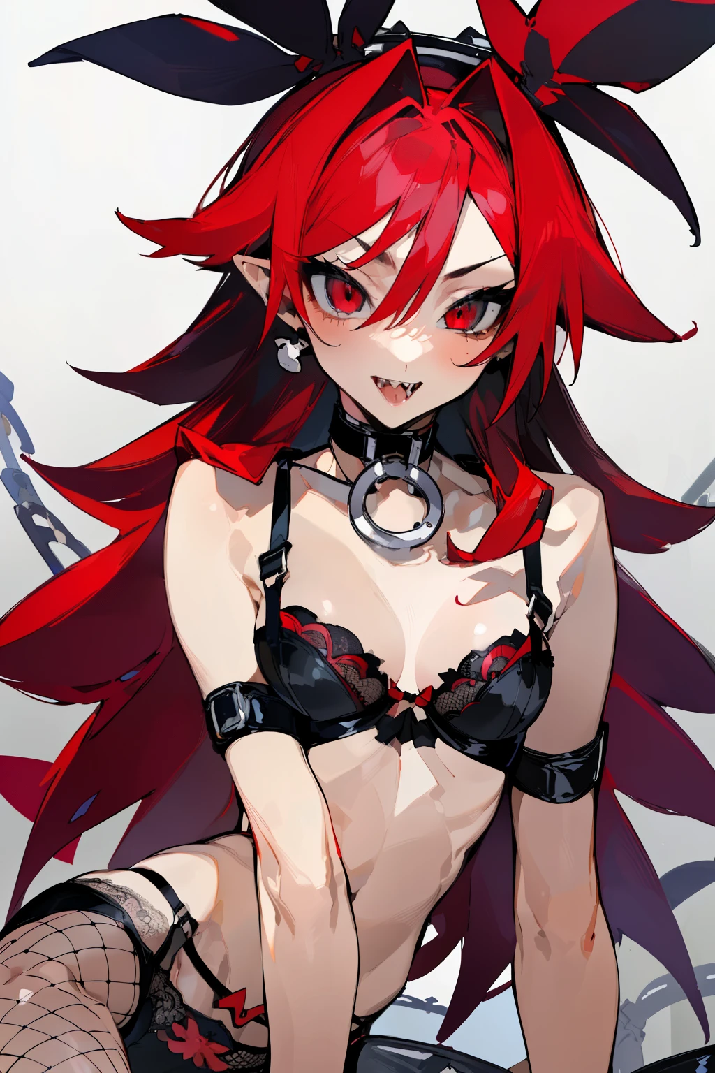 (highest quality、masterpiece:1.2), etna, red hair、red eyes, elegant、Charm、sexy、beautiful well-groomed face、beautiful eyes、beautiful hair、smooth skin、beautiful mouth、smooth legs(a ferocious look、Vulgar smile), (black underwear,bra,Underpants、garter belt、Fishnet tights、choker)