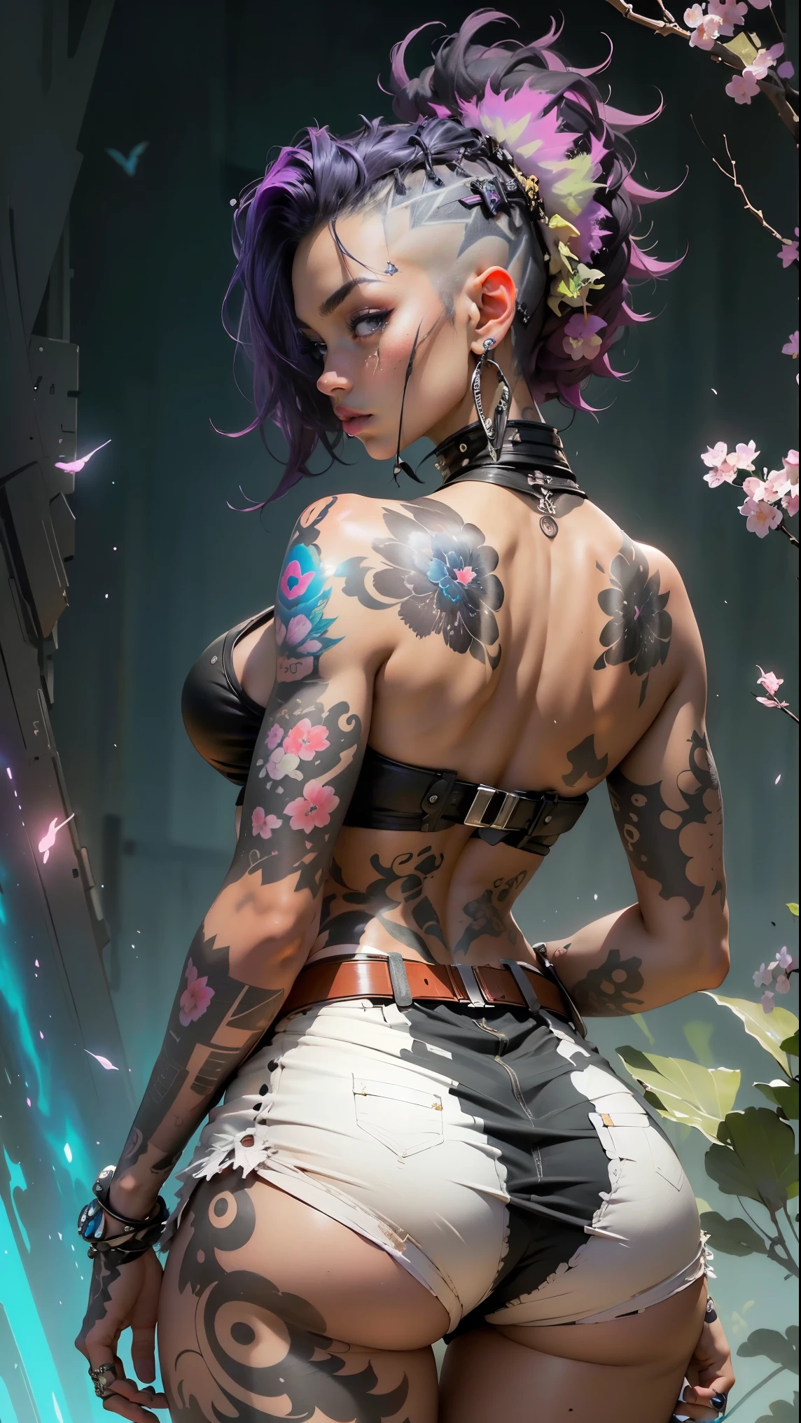 (masterpiece, top quality, best quality, official art, beautiful, cosmic, atmospheric, psychedelic, dreamlike and aesthetic:1.2), (1girl, black punk rock mohawk hair, tons of tattoos and piercings, accentuated super huge enormously gigantic tits, cleavage showing, full body portrait), extreme detailed,(fractal art, camera view from behind:1.3),colorful,highest detailed, cherry blossoms and butterflies blowing in the wind