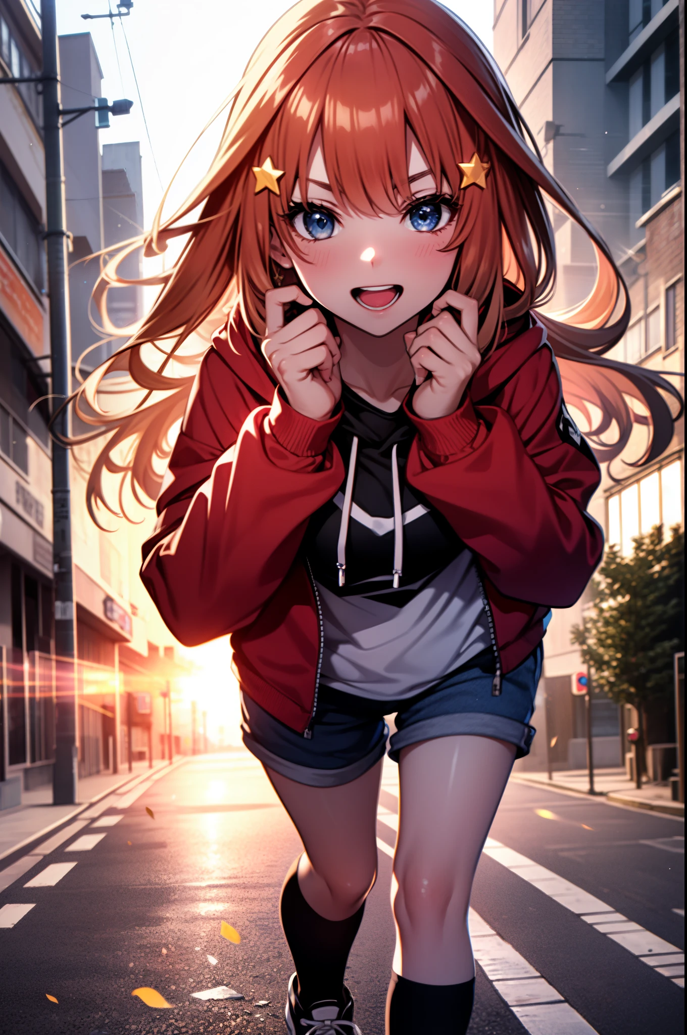 itsukinakano, Itsuki Nakano, bangs, Ahoge, redhead, star \(symbol\), both sides closed,hair ornaments, star hair ornaments,smile,blush,wearing a hood,red oversized hoodie,shorts,white knee high socks,high cut sneakers,(great laugh:1.1), (open your mouth:1.1), glare of the sun, Bokeh, Depth of the bounds written, blurred background, particles of light, strong wind, (heart particles:1.1)
break outdoors, In town,Destroy the building area (masterpiece:1.2), highest quality, High resolution, unity 8k wallpaper, (figure:0.8), highly detailed face, perfect lighting, Very detailed CG, (perfect hands, perfect anatomy),