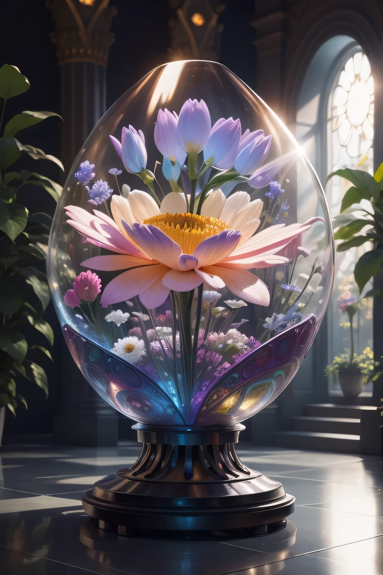 Glass-like alien flower monuments are displayed in a museum-like atmosphere, Vibrant colors radiate from its intricate details and futuristic light on the pedestal. --automatic
