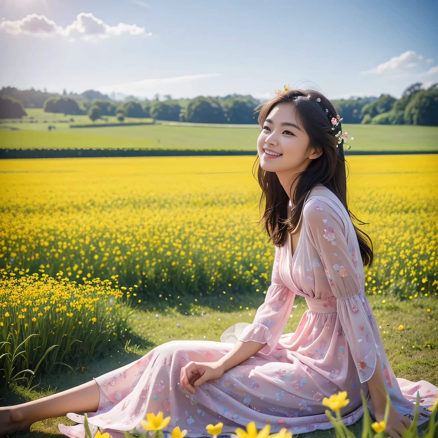 TYPE : Beauty Photography
THEME : natural
RACE : Indonesian, young
PERSON 1 : Early 20s, woman
SCENE : outdoor , sitting in the middle of a field of very tall and beautiful flower field, side view , full filled with tall flower field, creating an beauty atmosphere , wind blowing effect, beautiful expression , graceful pose .smile looking at camera
PROPS: : fields of tall flower field, blue sky , wearing soft pink patterned long dress, wind blow
CAMERA : photographed using an Canon eos 90d DSLR camera with 18-135mm lens , detail skin texture , detailed face , close up , low exposure
ANGLE : High Dynamic Range (HDR) shot