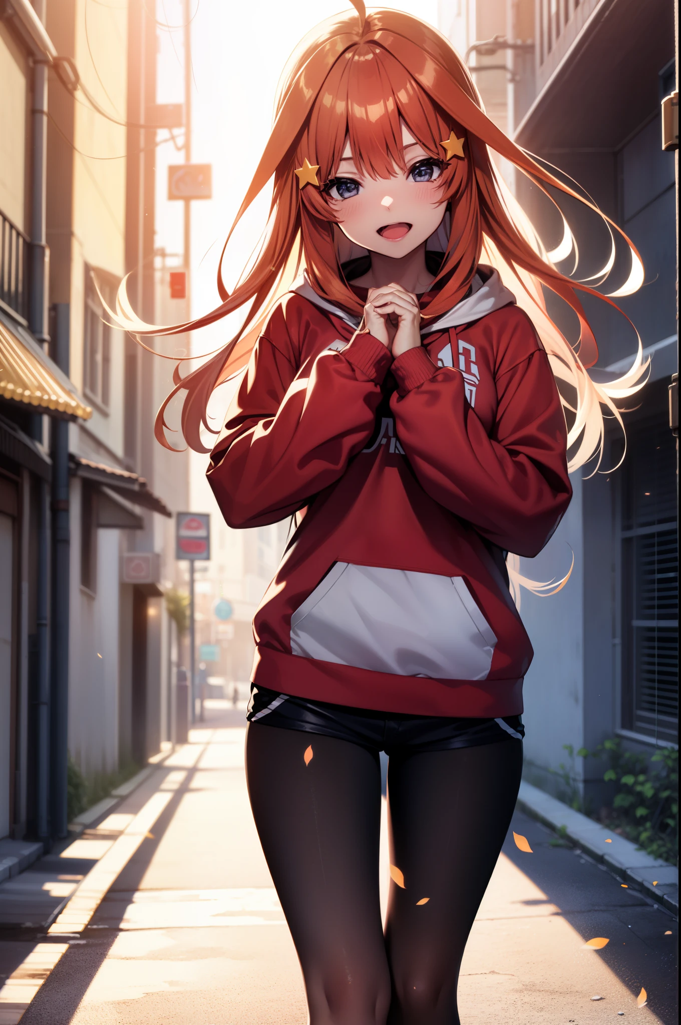 itsukinakano, Itsuki Nakano, bangs, Ahoge, redhead, star \(symbol\), close both eyes,hair ornaments, star hair ornaments,smile,blush,wearing a hood,red oversized hoodie,shorts,white pantyhose,high cut sneakers,(great laugh:1.1), (open your mouth:1.1), glare of the sun, Bokeh, Depth of the bounds written, blurred background, particles of light, strong wind, (heart particles:1.1)
break outdoors, In town,Destroy the building area (masterpiece:1.2), highest quality, High resolution, unity 8k wallpaper, (figure:0.8), highly detailed face, perfect lighting, Very detailed CG, (perfect hands, perfect anatomy),