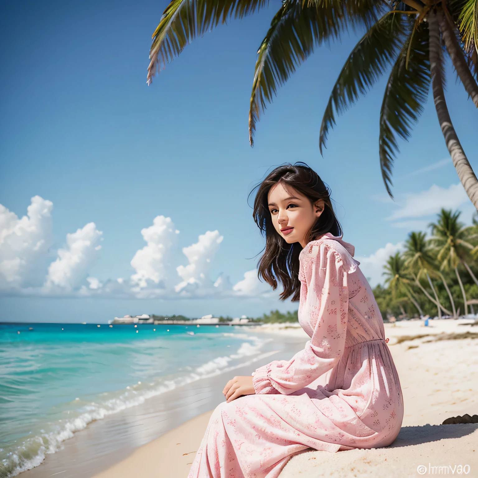 Beauty Photography , natural , young , Early 20s woman , outdoor , sitting in the middle White sand beach, side view , beautiful blue waves, creating an beauty atmosphere , wind blowing effect, beautiful expression , wearing closed long sleeve and skirt dress , graceful pose , White sand beach, beautiful blue waves , coconut trees , shell, blue sky , wearing soft pink patterned closed long sleeve dress, and long skirt dress, wind blow , photographed using an Canon eos 90d DSLR camera with 18-135mm lens , detail skin texture , detailed face , close up , low exposure , High Dynamic Range (HDR) shot