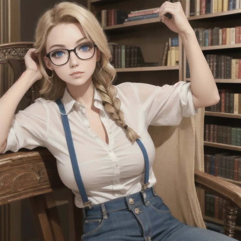 Solo, 1girl, masterpiece, best quality, extremly detailed, Cinematic lighting, intricate detail, highres, official art, finely detailed beautiful face and eyes, high resolution illustration, 8k, dark intense shadows, overexposure, [blonde hair/brown hair], single braid, blue eyes, glasses, smug, sitting on chair, upper body, large breasts, buttoned shirt, yellow suspenders, book_stack, library, ((vine)), rose, looking at the viewer