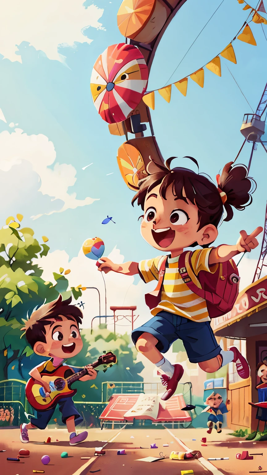 Poster making, Children's Day,Listen to the music,Good music,musical elements, in the amusement park, a little boy holding a balloon, happy, jumping, happy --v 6