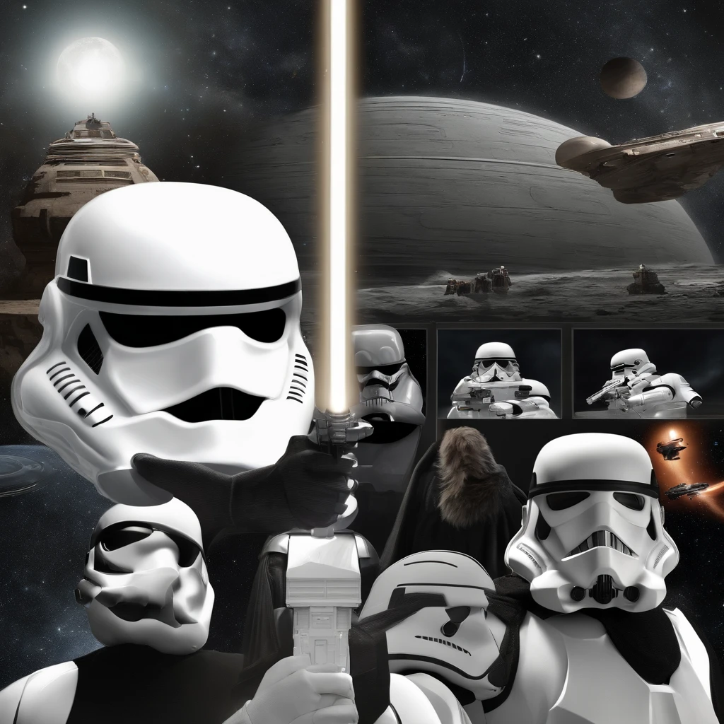(a)dark vador,(a)Leia Organa,(a)Padmé Amidala,(a)Luke Skywalker,(a)Yoda,(a)Palpatine,(a)Han Solo,(best quality,4k,8k,highres,masterpiece:1.2),ultra-detailed,(realistic,photorealistic,photo-realistic:1.37),sci-fi,lightsabers,stormtroopers,(a)Death Star,galactic battles,planet landscapes,mysterious atmosphere,the Force,powerful emotions,outer space,noble heroes,epic journey,dark side and light side,dynamic action scenes,advanced technology,iconic spaceships,mythical creatures,alien civilizations,strong character personalities,hope and redemption,legendary saga,surprising plot twists,vivid and vibrant colors,shadows and contrasts,futuristic architecture,otherworldly landscapes,interstellar travel,laser weapons,suspenseful moments,unforgettable dialogues,grand space opera,galactic empire,rebels,friends and allies,iconic costumes and hairstyles,force fields,mind tricks,family relationships,love and sacrifice,ultimate battle between good and evil.