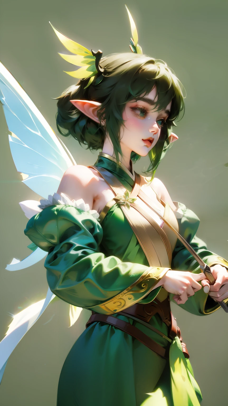 Wearing green and black clothing、Anime girl with wings and green background, Elf character, Fairy, forest Fairy, Insect trainer girl, brunette elf with Fairy wings, Elf, Cute 3D anime girl rendering, April rendering, Fairy dance, Dynamic sense
