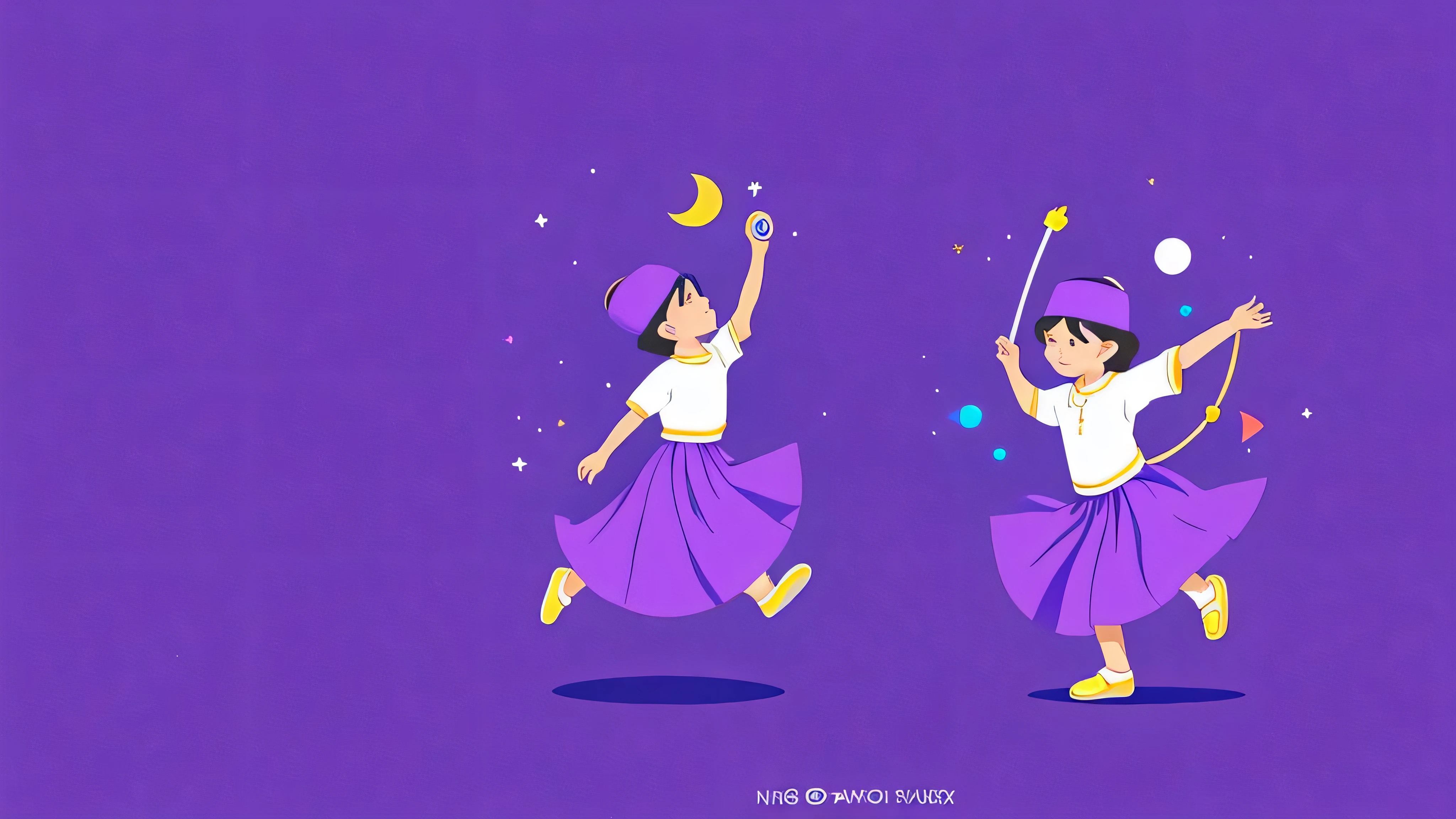 ramadan background, 1 kid fashion show, 1 kid drawing, 1 kid dancing,  violet theme, ghibli style, blank space in the middle