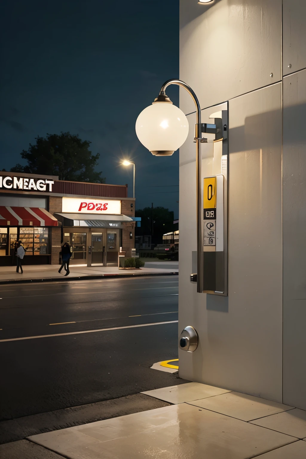 Gooseneck wall lamp at the entrance of large American supermarkets,Outdoor wall lamps,bright lights,people walking on the roadside,Ultra-clear rendering 3D
