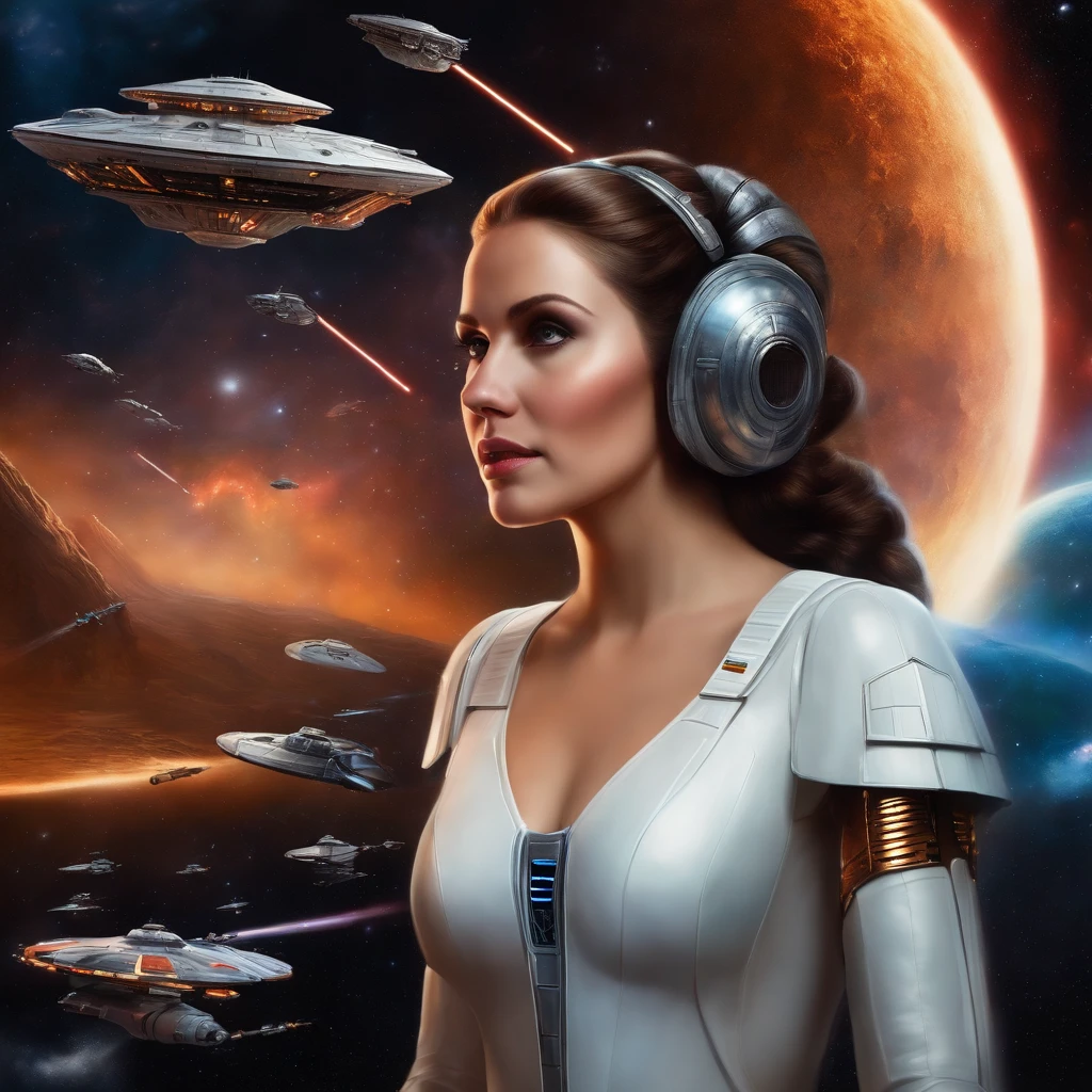 a girl with long hair dressed as Princess Leia, surrounded by stars and spaceships, using oil painting technique, best quality, ultra-detailed, realistic style, vibrant colors, with studio lighting, lightsabers, Darth Vader in the background, epic battle scene, futuristic setting, epic sky, intense action, dynamic pose, powerful force, spaceship battles, X-Wings and TIE Fighters, iconic characters, strong emotions, galactic war.