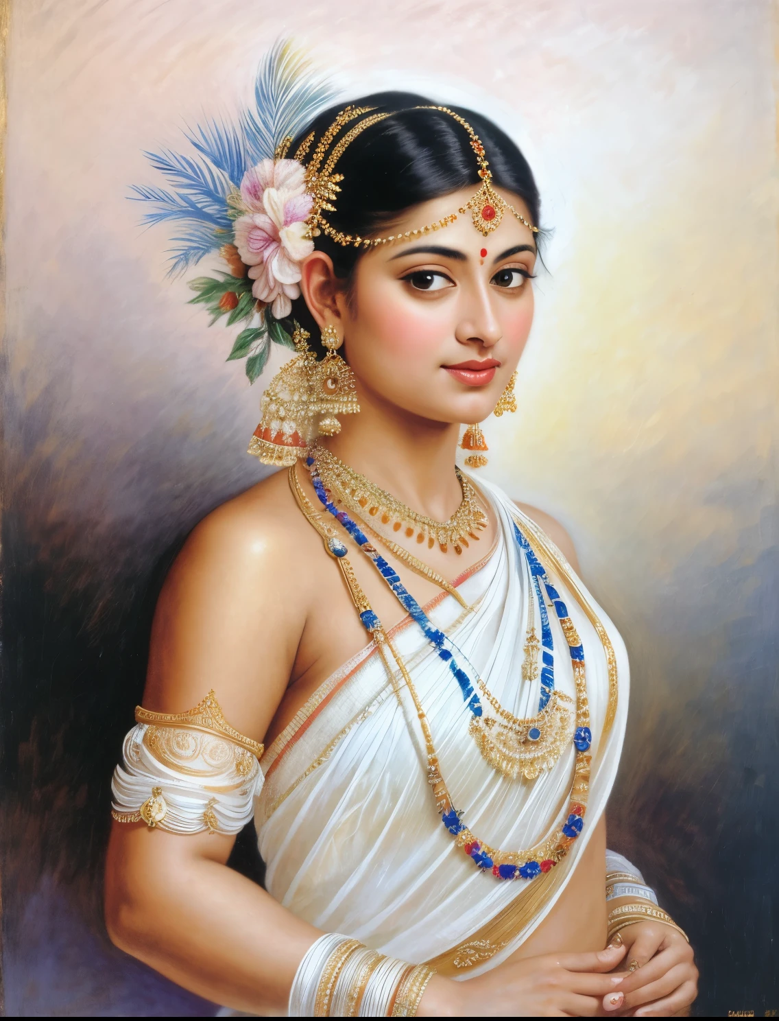 Beautiful Indian Woman, wearing saree, sari Beauty, gorgeous, Apsara, Maharani, royal queen woman, nymph from Hindu Mythology, Urvashi, matchless beauty, Highly detailed, Oil Painting by Peter Paul Rubens inspired by Raja Ravi Varma, Matchless beauty, captivating, gorgeous, heavenly beauty, celestial beauty, by Peter Paul Rubens, 1893, realistic, hyper realistic, micro details, incredible artwork, insane details, ultra High resolution, 8k, 32k, acrylic on canvas, intricate, flawless, detailed, detailed face, detailed eyes, masterpiece, by Peter Paul Rubens, by Caravaggio, by William Adolphe bouguereau, perfect face, perfect body, beautiful art, realism, baroque, renaissance Art, highly textured, beautiful and detailed eyes, uhd, best quality,
