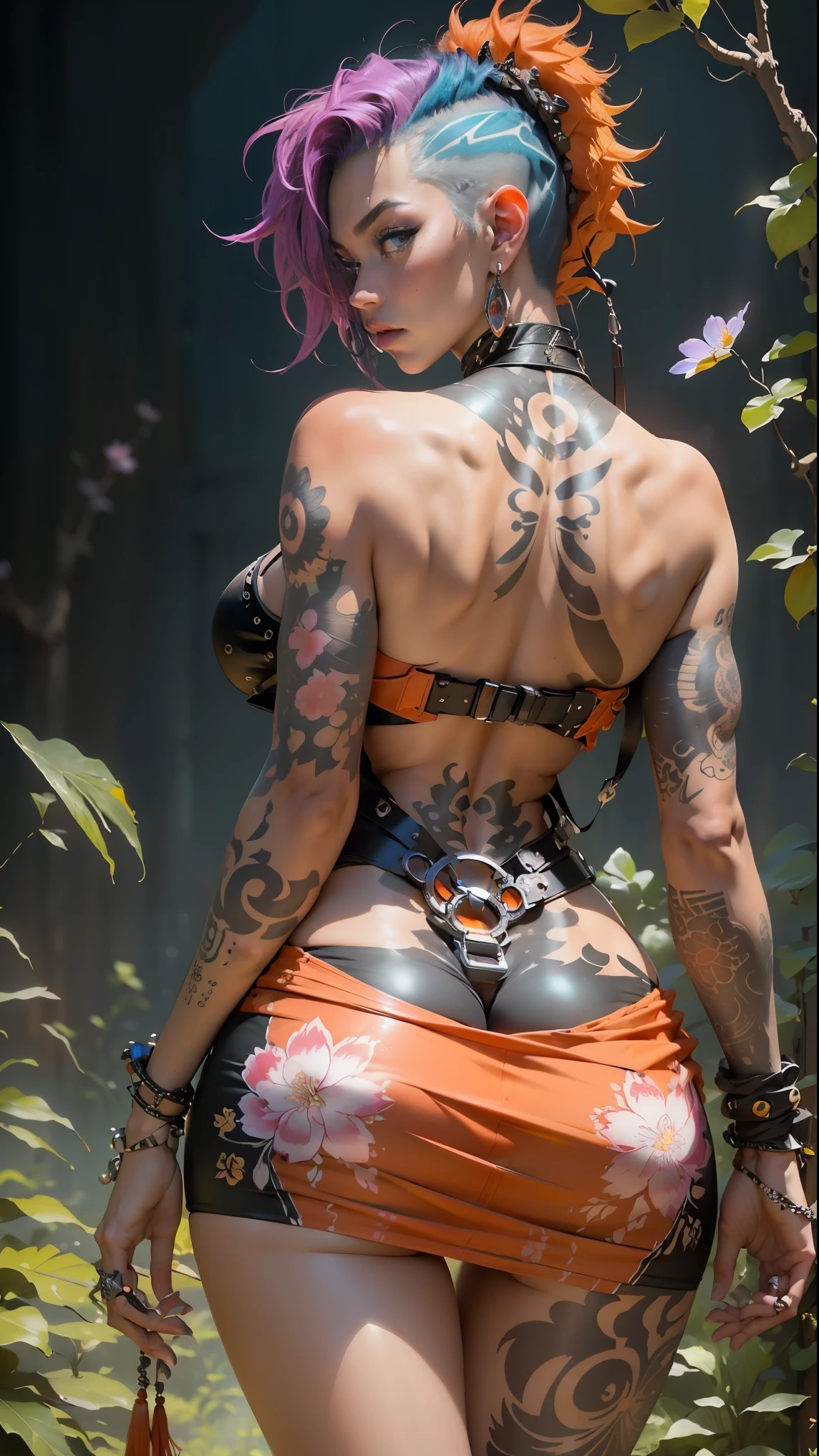 (masterpiece, top quality, best quality, official art, beautiful, cosmic, atmospheric, psychedelic, dreamlike and aesthetic:1.2), (1girl, orange punk rock mohawk hair, tons of tattoos and piercings, accentuated super huge enormously gigantic tits, cleavage showing, full body portrait), extreme detailed,(fractal art, camera view from behind:1.3),colorful,highest detailed, cherry blossoms and butterflies blowing in the wind 