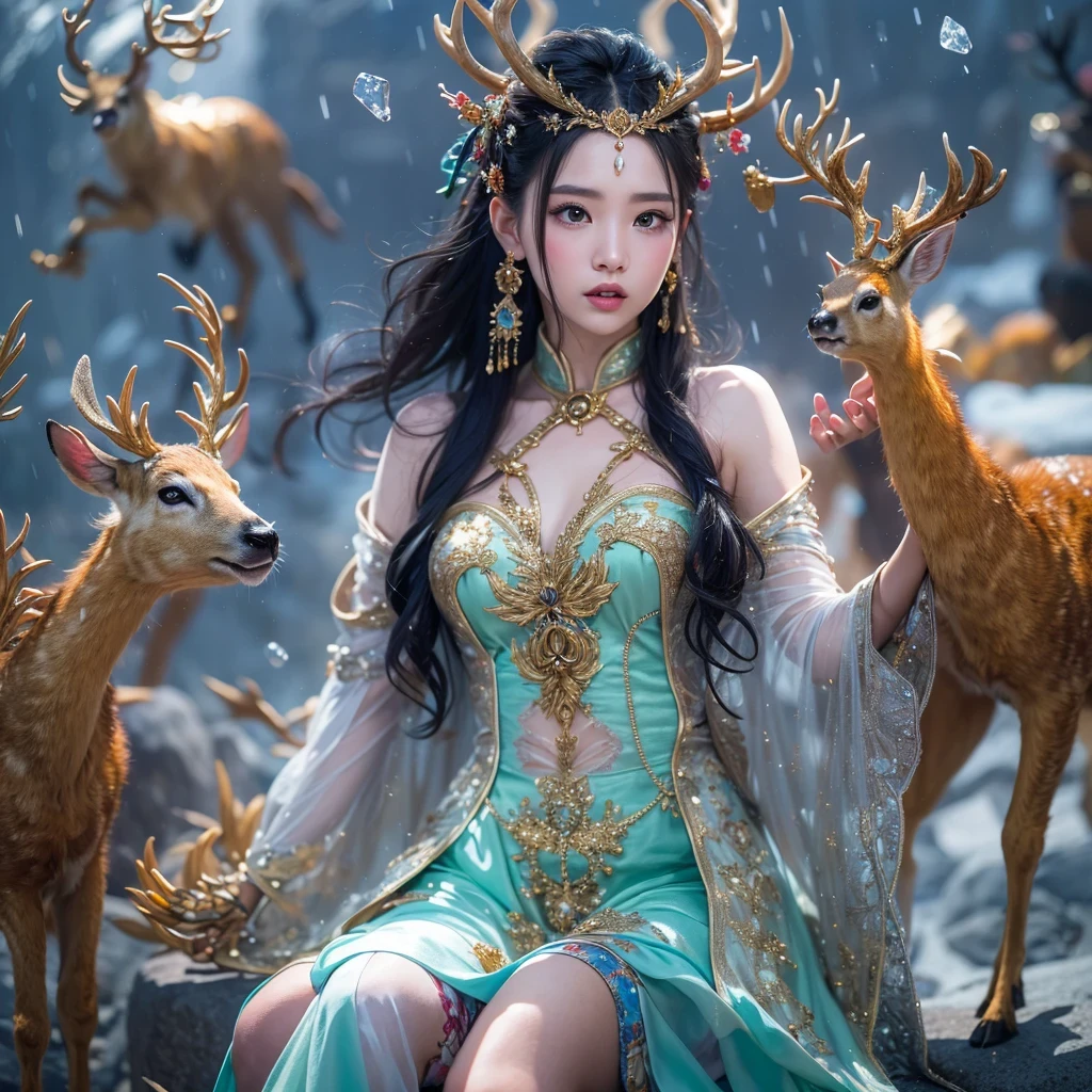 deer角飞天九尾浅蓝天师火焰毛deer星,novel,Torch Night Black Gold Orange Snake Print Silk Trousers,Rouge Diamond Tulle Sheer Lizard Print,Fat girl flying in space in the snow 1:900 miniatures,Front view,pure transparency,put on boxing gloves,佩戴金框反Light太阳镜,Panoramic super wide angle,very happy,Authentic and delicate texture,Strong visual impact,super detailed,dream girl,delicate face型,beautiful eyes,Hair floating in the air, cherry style,Zhou Xiaotong,crystal clear,Good sense of perspective,Light影效果,16KLight滑,surface reflected Light,flowing black hair,Water Goddess 32K,complicated,grace,Very detailed,Gorgeous,digital photography,Autumn Cowboy Shooting,Surrealism,broken ruby,defeat magic,Water magic entanglement,(masterpiece,Light,beautiful eyes:1.2),high dynamic range,void 5 energy storm,(china 1 girl,black eyes:1.5),rouge skin,发Light的皮肤,(sit on stone:1.5),delicate face,black hair,穿上Gorgeous金色铠甲,take off shoulders,deer,short skirt,beautiful golden armor,it'it'It's raining,beautiful,Don't look at the audience,Turn your back to the camera,masterpiece,side,side portrait close-up