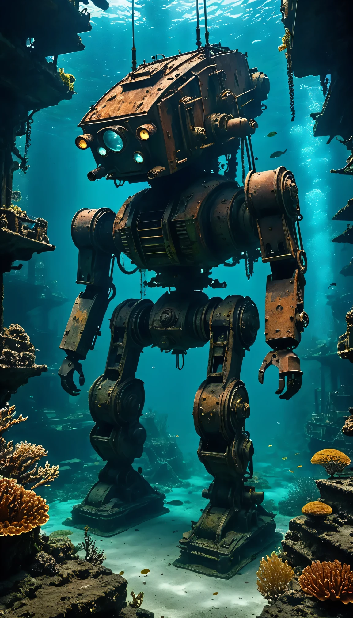 (best quality,4k,high resolution,masterpiece:1.2),underwater,Abandoned mech,A post-apocalyptic landscape,Dark and eerie atmosphere,Rusty metallic texture,crumbling ruins,The sunken city,depth and breadth,Submerged plants and corals,reflection of light,mysterious underwater world,unforgettably beautiful,lost technology,ominous presence,underwater exploration,desolate and forgotten,underwater腐烂,lack of human presence,rotten machinery,corroded surface,underwater,Memories of the past fade away,dark abyss, in the depths,creepy ambiance.