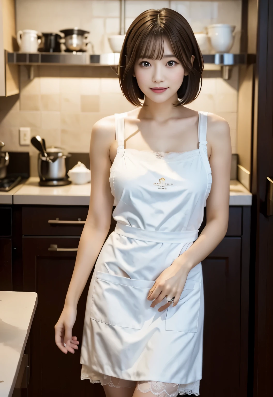 (((kitchen:1.3, indoor, Photographed from the front))), ((medium bob:1.3,lace apron, japanese woman, cute)), (clean, natural makeup), (highest quality, masterpiece:1.3, 超High resolution), (Super detailed, caustics), (realistic:1.4, RAW shooting), very detailed, High resolution, 16K resolution