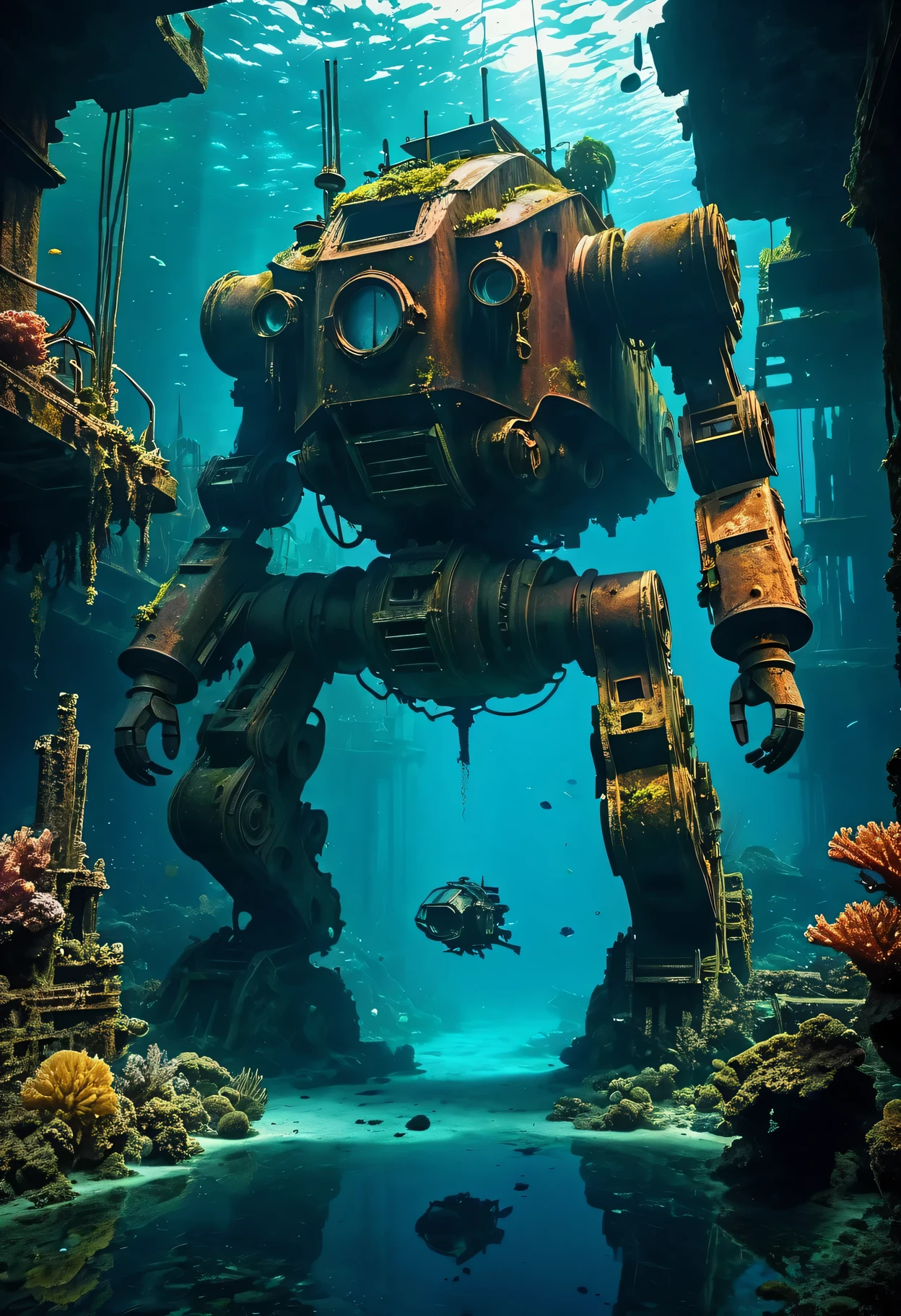(best quality,4k,high resolution,masterpiece:1.2),underwater,Abandoned mech,A post-apocalyptic landscape,Dark and eerie atmosphere,Rusty metallic texture,crumbling ruins,The sunken city,depth and breadth,Submerged plants and corals,reflection of light,mysterious underwater world,unforgettably beautiful,lost technology,ominous presence,underwater exploration,desolate and forgotten,underwater腐烂,lack of human presence,rotten machinery,corroded surface,underwater,Memories of the past fade away,dark abyss, in the depths,creepy ambiance.