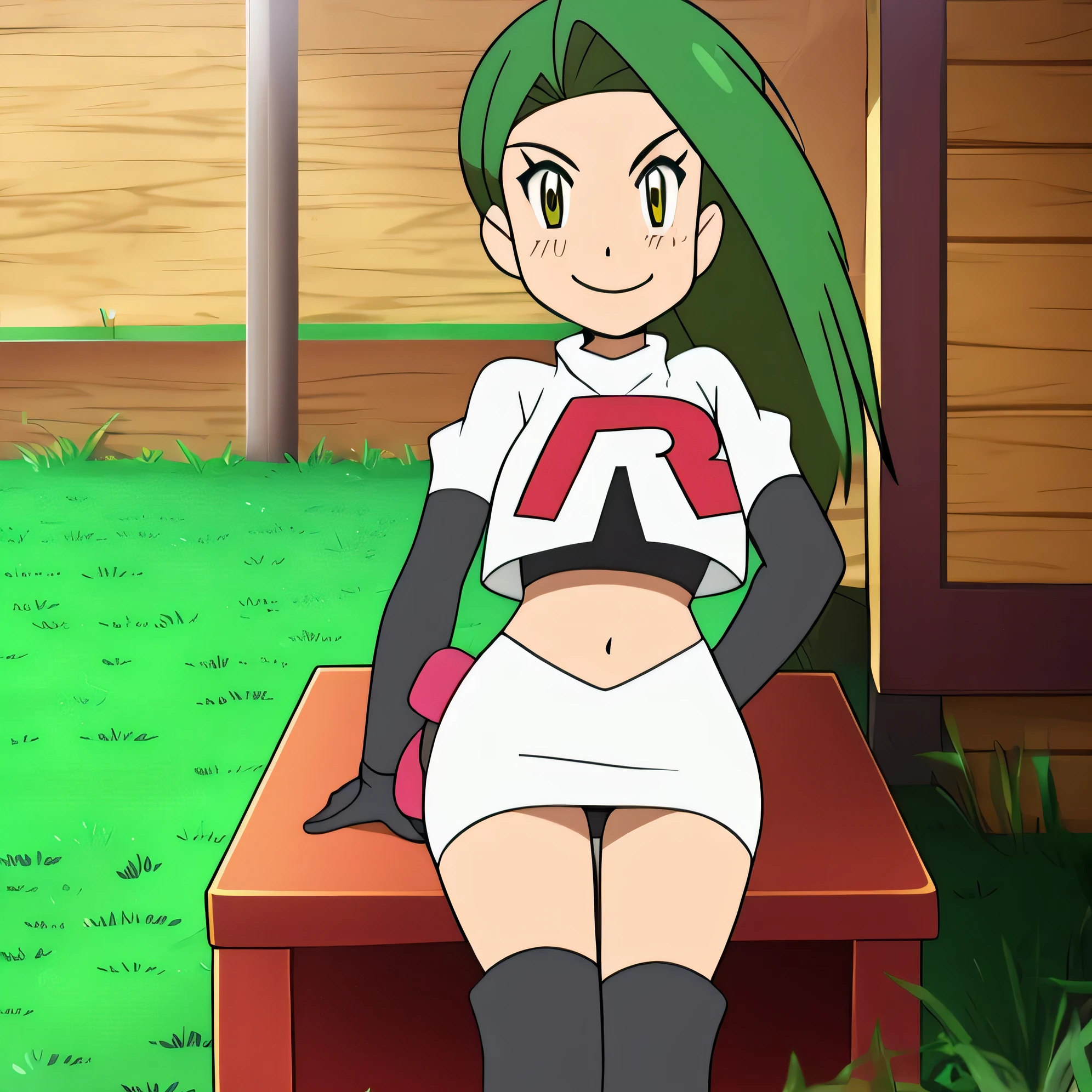 view of the valley, with grass, team rocket uniform, red letter r, white skirt,white crop top,black thigh-high boots, black elbow gloves, evil smile, looking at viewer, hands on hips, sitting down