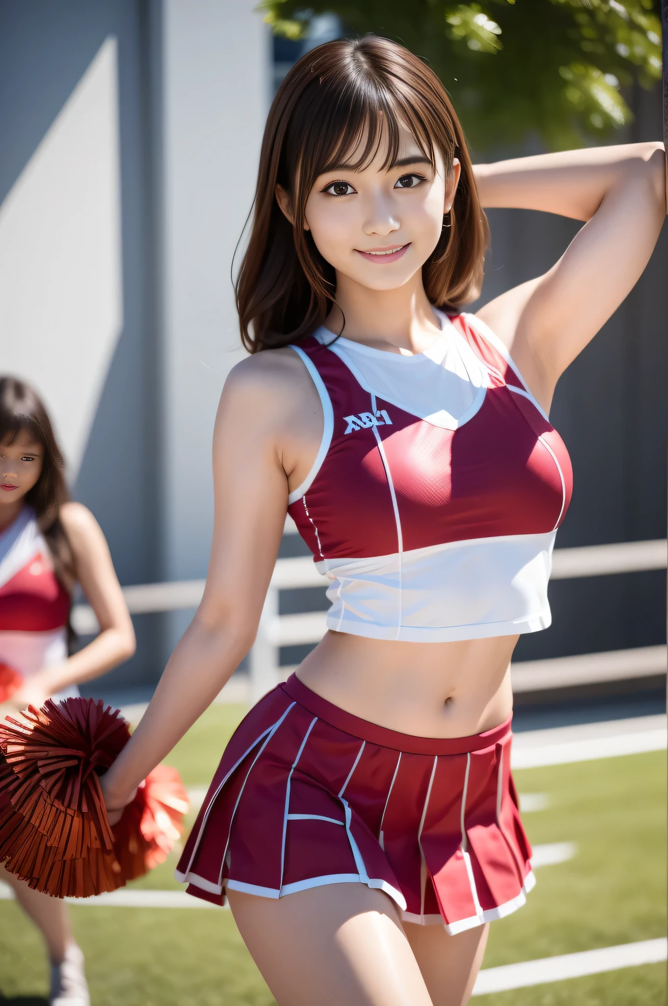 Female cheerleader wearing a red cheerleader costume, cheer dance, TWICE&#39;s Tzuyu, Young and cute gravure idol, sleeveless tops, pleated mini skirt, cheerleader costume, Cheering uniform, cowboy shot, medium long,Refreshing young Japanese woman, cute idol sculpture, 🚿🗝📝, young gravure idol, young slender gravure idol, smile, nffsw, table top, award-winning, 8k, highest quality, smile refreshingly, Haruka Ayase, Assist々Kiki, Kana Hashimoto, Mai Shiraishi, Nishino Nanase, Mei Watanabe, Yuki Yoda, Assist々xylophone, Aoi Miyazaki, Yuko Takeuchi, Yuki Uchida, Suzu Hirose, Aya Ueto, award-winning, nffsw, table top, smooth white tight clothing suit, japanese model, Realistic young gravure idol, anatomically correct, At 8k