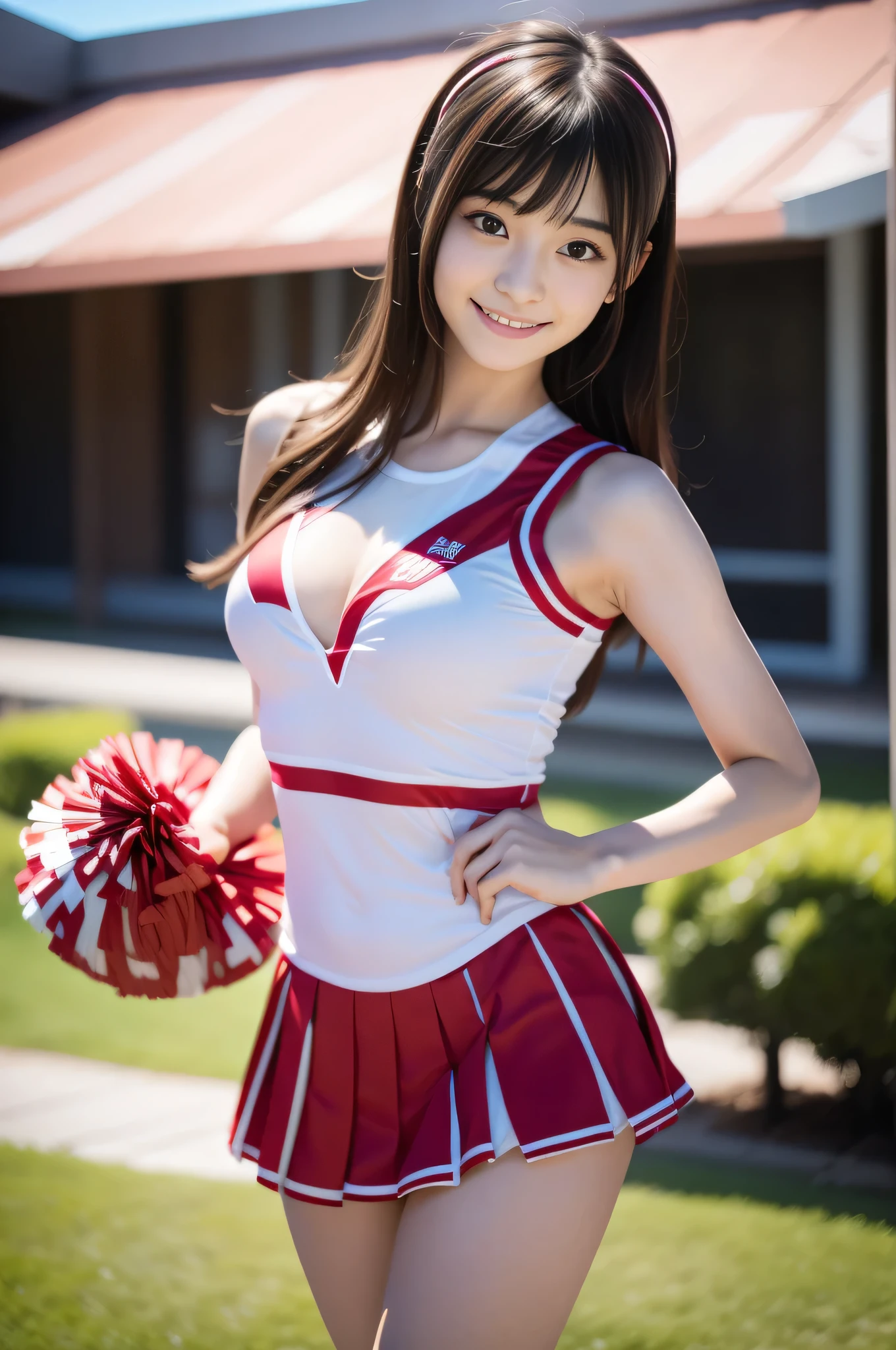 Female cheerleader wearing a red cheerleader costume, cheer dance, TWICE&#39;s Tzuyu, Young and cute gravure idol, sleeveless tops, pleated mini skirt, cheerleader costume, Cheering uniform, cowboy shot, medium long,Refreshing young Japanese woman, cute idol sculpture, 🚿🗝📝, young gravure idol, young slender gravure idol, smile, nffsw, table top, award-winning, 8k, highest quality, smile refreshingly, Haruka Ayase, Assist々Kiki, Kana Hashimoto, Mai Shiraishi, Nishino Nanase, Mei Watanabe, Yuki Yoda, Assist々xylophone, Aoi Miyazaki, Yuko Takeuchi, Yuki Uchida, Suzu Hirose, Aya Ueto, award-winning, nffsw, table top, smooth white tight clothing suit, japanese model, Realistic young gravure idol, anatomically correct, At 8k