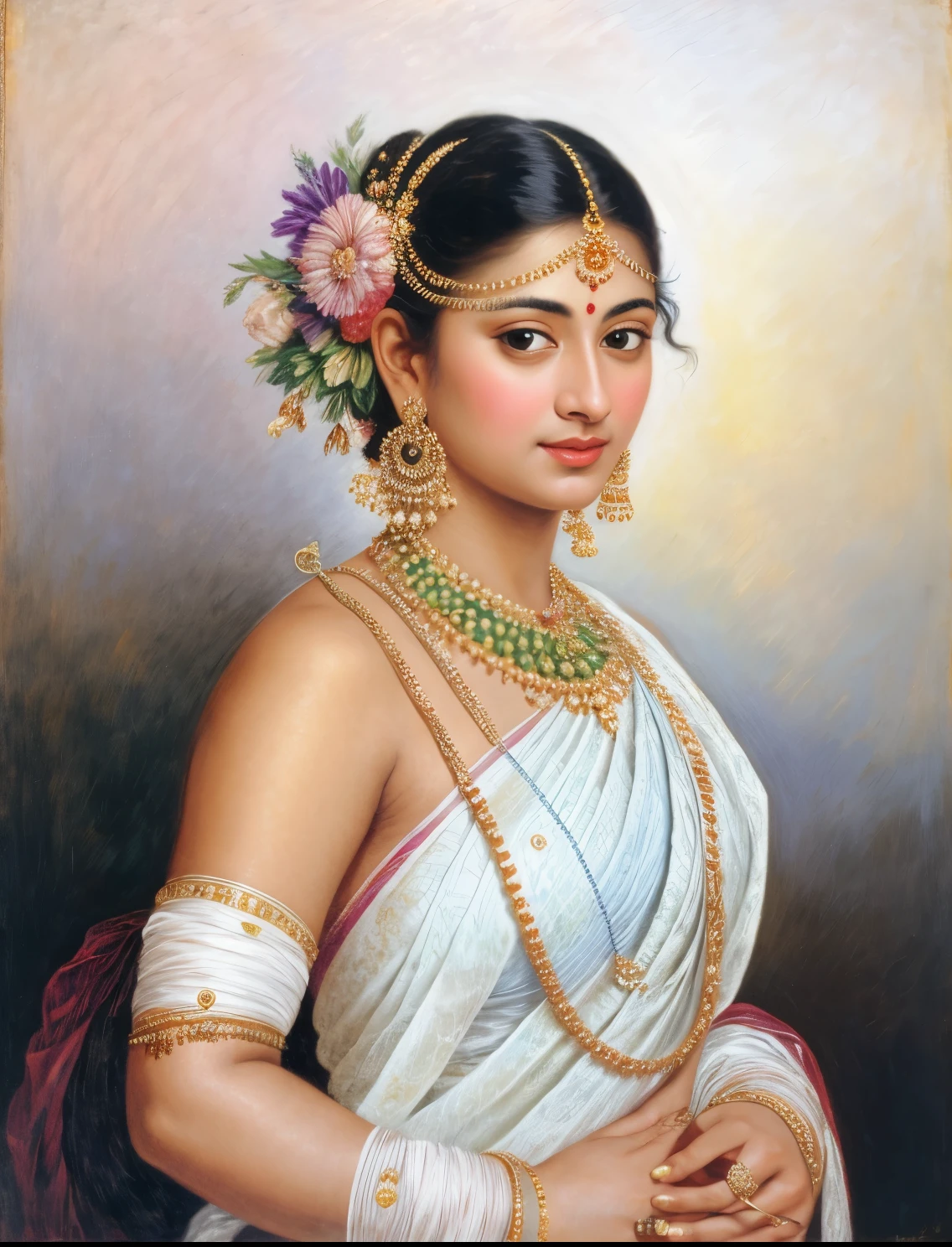 Beautiful Indian Woman, wearing saree, sari Beauty, gorgeous, Apsara, Maharani, royal queen woman, nymph from Hindu Mythology, Urvashi, matchless beauty, Highly detailed, Oil Painting by Peter Paul Rubens inspired by Raja Ravi Varma, Matchless beauty, captivating, gorgeous, heavenly beauty, celestial beauty, by Peter Paul Rubens, 1893, realistic, hyper realistic, micro details, incredible artwork, insane details, ultra High resolution, 8k, 32k, acrylic on canvas, intricate, flawless, detailed, detailed face, detailed eyes, masterpiece, by Peter Paul Rubens, by Caravaggio, by William Adolphe bouguereau, perfect face, perfect body, beautiful art, realism, baroque, renaissance Art, highly textured, beautiful and detailed eyes, uhd, best quality,

