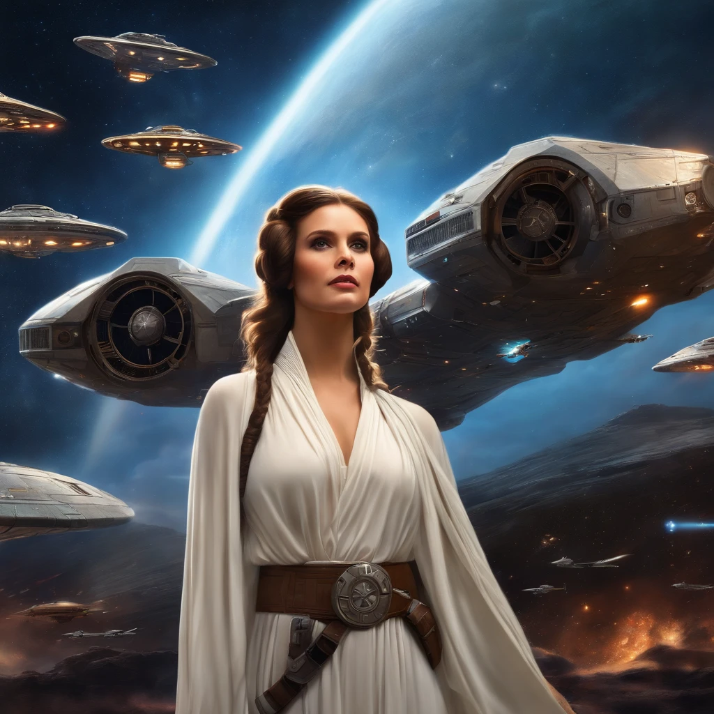 a girl with long hair dressed as Princess Leia, surrounded by stars and spaceships, using oil painting technique, best quality, ultra-detailed, realistic style, vibrant colors, with studio lighting, lightsabers, Darth Vader in the background, epic battle scene, futuristic setting, epic sky, intense action, dynamic pose, powerful force, spaceship battles, X-Wings and TIE Fighters, iconic characters, strong emotions, galactic war.