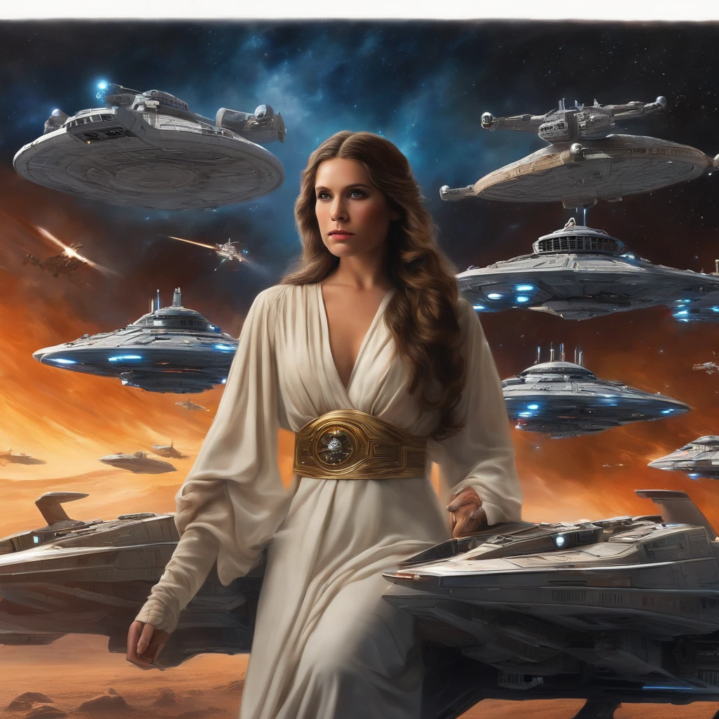 a girl with long hair dressed as Princess Leia, surrounded by stars and spaceships, using oil painting technique, best quality, ultra-detailed, realistic style, vibrant colors, with studio lighting, lightsabers, Darth Vader in the background, epic battle scene, futuristic setting, epic sky, intense action, dynamic pose, powerful force, spaceship battles, X-Wings and TIE Fighters, iconic characters, strong emotions, galactic war.