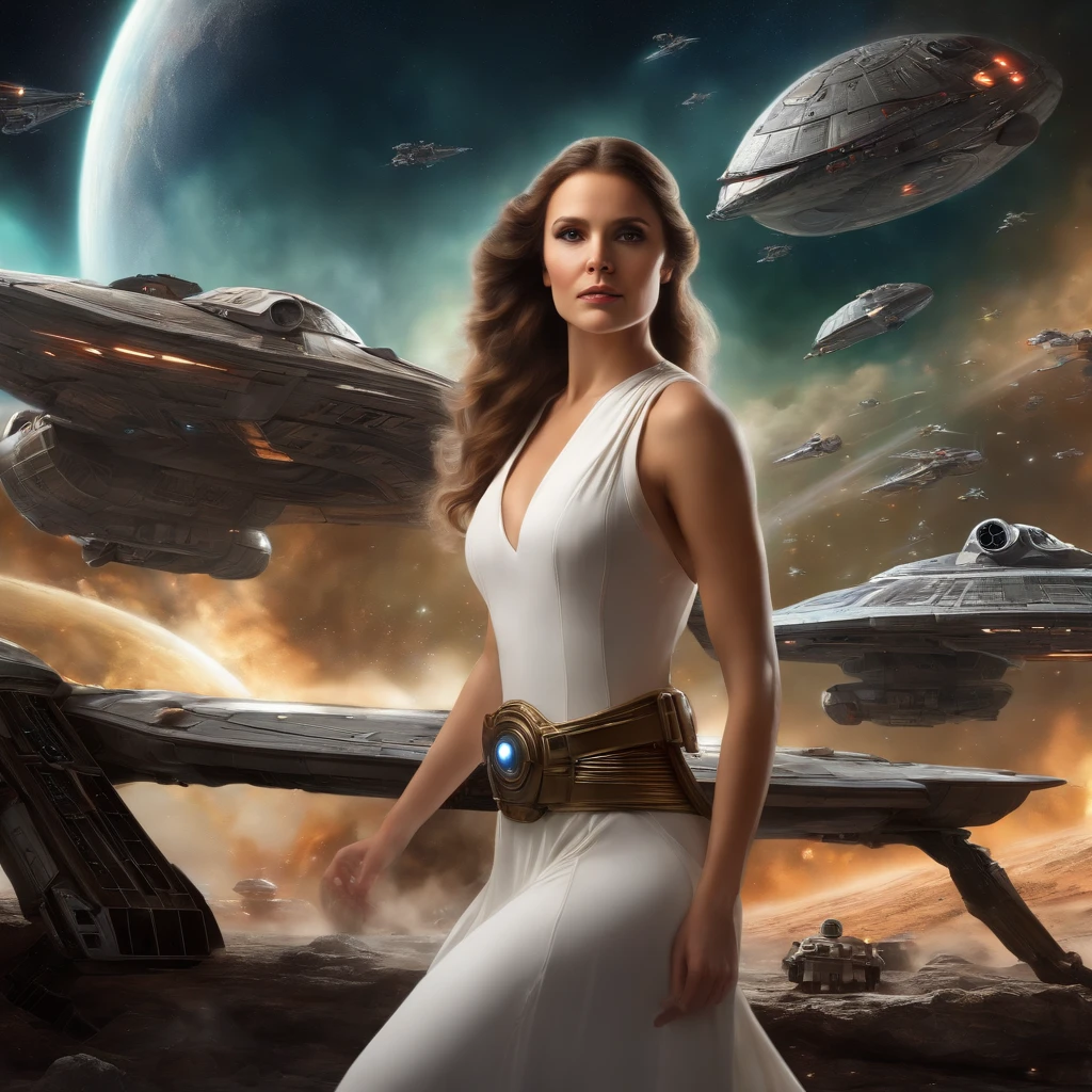 a girl with long hair dressed as Princess Leia, surrounded by stars and spaceships, using oil painting technique, best quality, ultra-detailed, realistic style, vibrant colors, with studio lighting, lightsabers, Darth Vader in the background, epic battle scene, futuristic setting, epic sky, intense action, dynamic pose, powerful force, spaceship battles, X-Wings and TIE Fighters, iconic characters, strong emotions, galactic war.