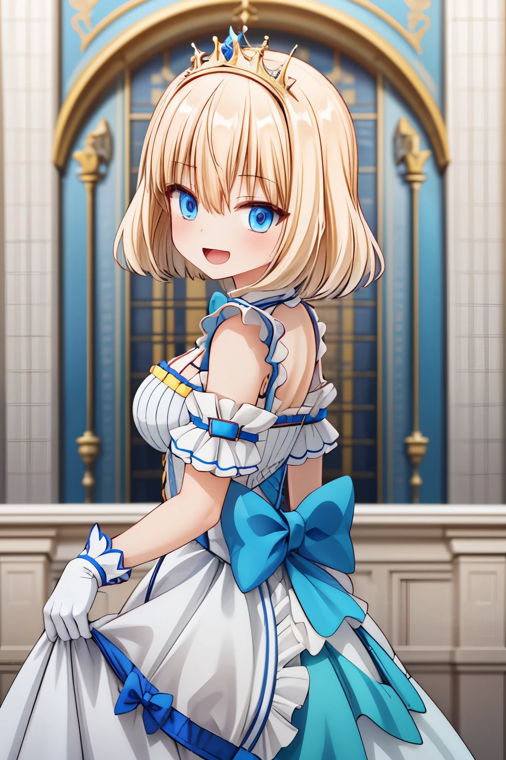 insanely detailed, absurdres, ultra-highres, ultra-detailed, best quality, 1girl, solo, animemia, nice hands, perfect hands, princess, princess dress with many frills, teara on hair, happy smile, laugh, open mouth, standing, seductive pose, 45 angle, cowboy shot, slender, kawaii, perfect symmetrical face, ultra cute girl, ultra cute face, ultra detailed eyes, ultra detailed hair, ultra cute, ultra beautiful, (fantasy world, in castle), depth of field, medium large breasts, blonde hair, medium hair, messy hair, blue eyes, hair between eyes