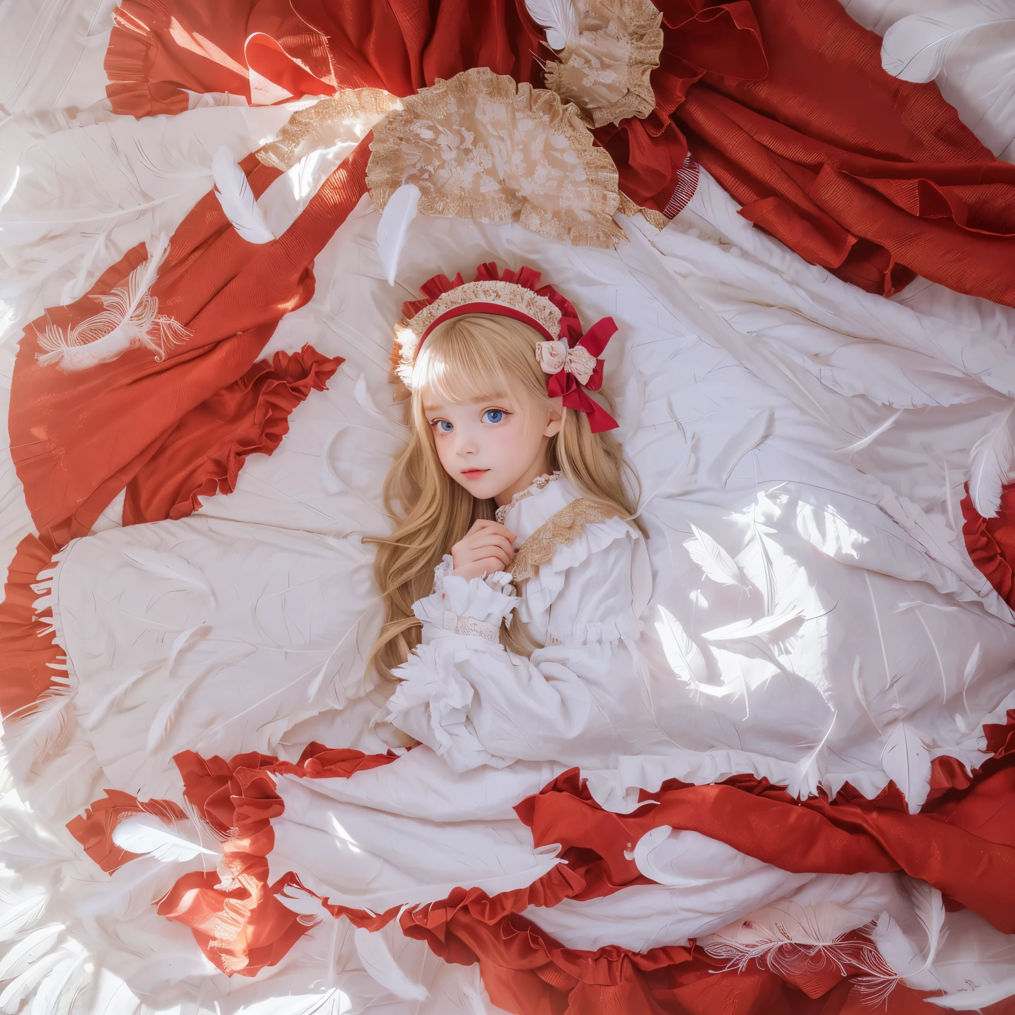 ,highest quality, masterpiece, highest resolution, artwork, super それにget used to it, many get used to it, get used to it, それにget used to it, 3K anime illustration,(( 10 year old girl)),Super detailed baby face,high quality small face,long blonde hair that grows to the waist,blue eyes,白い肌のeuropean,pajamas, european,(((super long blonde hair))),curly hair,blue eyes,((((ピンクのロリータファッションのlong skirtのワンピースドレス)))),((Pink dress with lots of frills and ribbons)),((Luxurious headdress with frills and ribbons)),detailed headdress,,(((big yoke collar))),Yoke collar with ruffles and ribbons,((((long sleeve)))),ruffle sleeves,((((long skirt)))),white ruffle and lace socks,large frill and ribbon pillow,detailed costume,many frilly pillows on the bed,super detailed background,detailed bed,romantic atmosphere,soft ruffle pillow,Beautiful girl illustration,detailed beautiful face detailed hair,detailed human eye ,detailed mouth, arm details,fine hands,detailed soft pillow,wide bed,((((photo shoot on bed)))),The girl is resting on many soft pillows,surrounded by many pillowany small white feathers dance)))),((((fine white feathers))))),After the angel flies away,,((((Many small white feathers dance)))),,