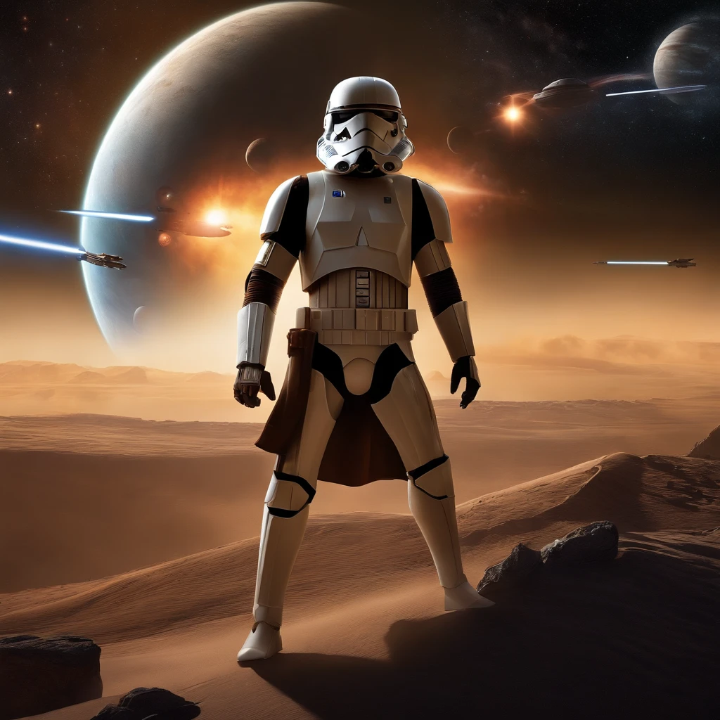 star wars,realistic,sci-fi,futuristic,action-packed,lightsaber battles,epic battles,galactic conflict,alien worlds,detailed space battles,force powers,intense emotions,brave heroes and heroines,iconic characters,mystical energy,intergalactic adventure,galaxy-spanning story,otherworldly creatures,nebulas and starships,oppressive empires and rebellions,iconic droids,cosmic battles,cinematic masterpiece,vivid colors and textures,high-tech weaponry,emotional turmoil,laser blasters,space opera,dangerous missions,dark side,light side,imperial forces,rebels against the empire,enigmatic wisdom,millennium falcon,death star,holographic projections,distant planets,fast-paced action,remote outposts,larger-than-life conflicts,suspended in space,eerie soundtrack,forced destiny,endless possibilities,explosive confrontations