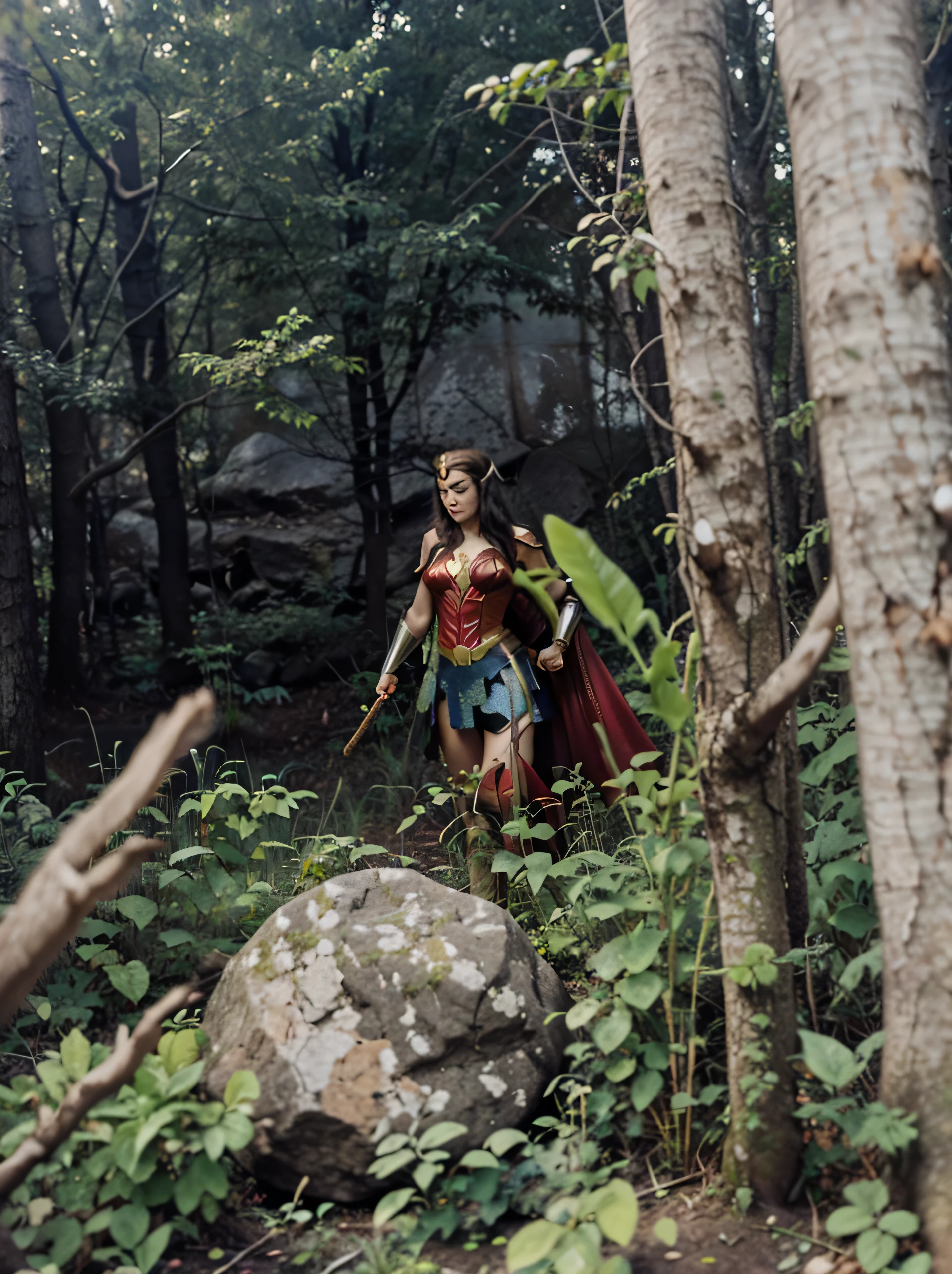
Wonder Woman in a dark forest at night, moon in the background, forest at night, with rocks and stones on the ground.
