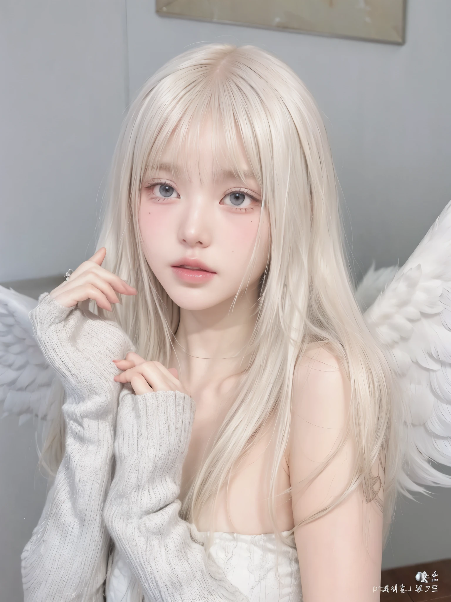 Blond-haired girl with angel wings and white gloves posing for a photo., pelo largo y blanco y flequillo, con el pelo largo y blanco, peinado de corte hime blanco, flequillo blanco, con pelo largo y blanco, color de pelo blanco, pale fur, pale porcelain white skin, ulzzang, pelo blanco flotando en el aire, pelo lacio blanco, cabello con flequillo blanco, su cabello es blanco