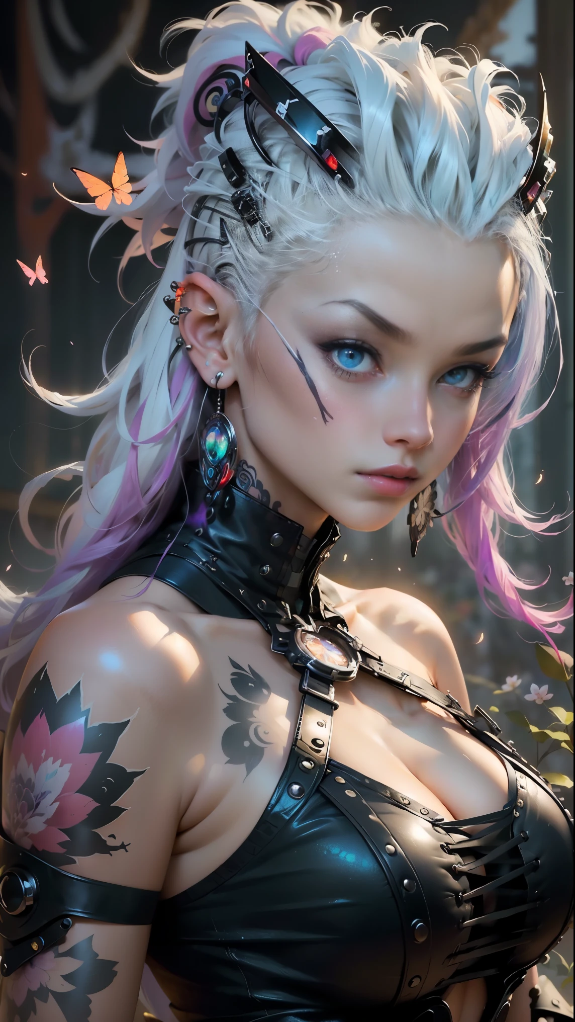 (masterpiece, top quality, best quality, official art, beautiful, cosmic, atmospheric, psychedelic, dreamlike and aesthetic:1.2), (1girl, platinum white punk rock mohawk hair, tons of tattoos and piercings, accentuated super huge enormously gigantic tits, cleavage showing, full body portrait), extreme detailed,(fractal art:1.3),colorful,highest detailed, cherry blossoms and butterflies blowing in the wind