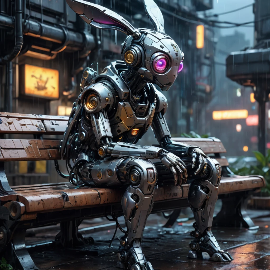 High Resolution, High Quality, Masterpiece. Cyberpunk. Digital art in the style of an art station. A cybernetic water fairy with huge eyes is sad on a bench. The background is a dump of cybermechanisms. Beautiful inhuman mecha resembling a rabbit toy. Reflective raindrops. Sadness. Abandonment. Careful details. mecha. 32k Hyperdetalization. Hyperrealism. 32k, sharp focus, studio photo, ultra hd, realistic, vivid colors, highly detailed, pen and ink, perfect composition, beautiful detailed intricate insanely detailed octane render trending on artstation, 8k artistic photography, photorealistic concept art, soft natural volumetric cinematic perfect light., neon ambiance, abstract black oil, gear mecha, detailed acrylic, grunge, intricate complexity, rendered in unreal engine, octane rendering technique enhancing the digital photo to a masterpiece level, high-resolution, 32k resolution, gear mecha aesthetic, detailed acrylic textures.