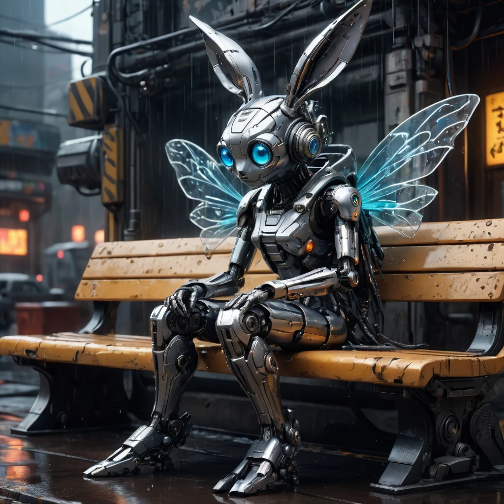 High Resolution, High Quality, Masterpiece. Cyberpunk. Digital art in the style of an art station. A cybernetic water fairy with huge eyes is sad on a bench. The background is a dump of cybermechanisms. Beautiful inhuman mecha resembling a rabbit toy. Reflective raindrops. Sadness. Abandonment. Careful details. mecha. 32k Hyperdetalization. Hyperrealism. 32k, sharp focus, studio photo, ultra hd, realistic, vivid colors, highly detailed, pen and ink, perfect composition, beautiful detailed intricate insanely detailed octane render trending on artstation, 8k artistic photography, photorealistic concept art, soft natural volumetric cinematic perfect light., neon ambiance, abstract black oil, gear mecha, detailed acrylic, grunge, intricate complexity, rendered in unreal engine, octane rendering technique enhancing the digital photo to a masterpiece level, high-resolution, 32k resolution, gear mecha aesthetic, detailed acrylic textures.