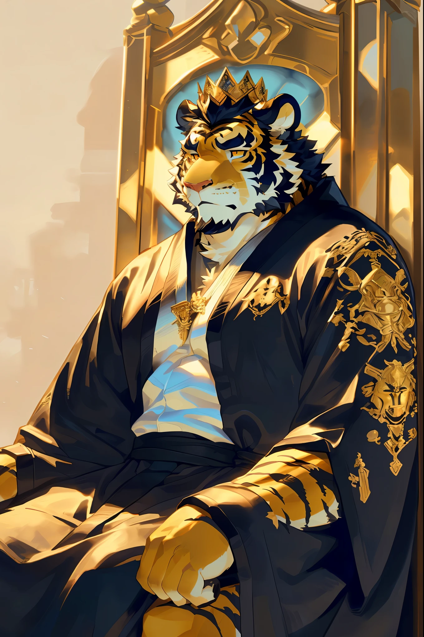 (One is wearing a black robe，Golden and white fur tiger sitting on the throne:1.2),(Wearing a black embroidered cloud robe),king,16k high quality detailed art,(Golden Tiger:1.1), (((white and gold fur:1.5))),(Gold and white two-tone), (The two eyes are not the same color，different color eyes，One is golden，The other is just blue:1.5) (muscular body:1.2), perfect eyes,Handsome,(OK),(perfect face)，(Eye depiction:1.3),(wearing a crown:1.1),(golden and white skin:1.3),(Background of the Royal Palace),(close up:1.3),Publaz, (Golden Tiger:1.1), (((golden and white fur:1.3))),perfect eyes,Handsome, (OK), ((Black embroidered moire robe:1.5)), Express,(Background of the Royal Palace),(indifferent eyes),(Golden Tiger tail),不同的Express,(perfect masterpiece),(16k),(abdominal muscles:1.3),(((middle aged:1.4))),(36 years old),(golden stripes),alone,(black sideburns:1.2),(black beard:1.3),(black chin:1.3),(golden face pattern:1),(Very rich facial details:1.3),(Strong),Half body,The emperor is imposing
