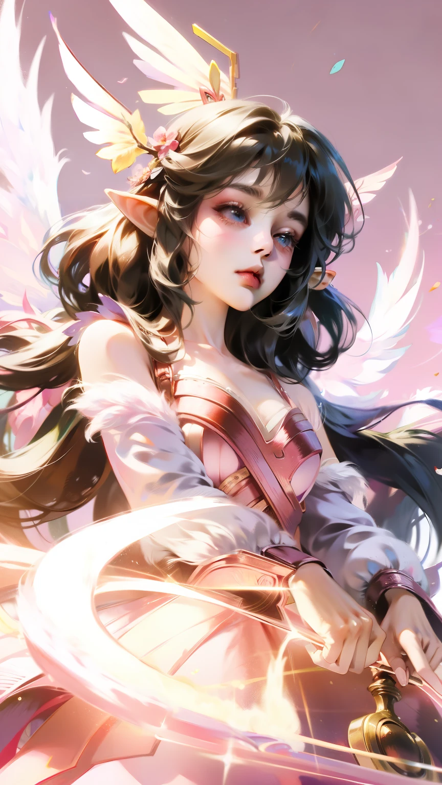 Wear pink and black clothes、Anime girl with wings and pink background, Elf character, Fairy, forest Fairy, Flower Fairy, brunette elf with Fairy wings, Elf, Cute 3D anime girl rendering, April rendering, Fairy dance, Dynamic sense
