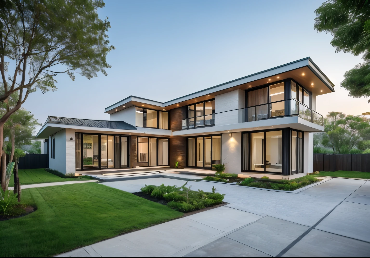 Realistic images, extremely detailed, a modern house, (((1 road in font of house))), large yard made by ceramic, (1 car), brick fence, lawn, a few small flowers, a road in front of the house, main materials of the house are white walls and red brick, Modern design, clear blue sky, sunrise light, light from inside, dynamic light,shimering light, cinematic light, romantic feeling, (((day light, warm sunlight))), summer